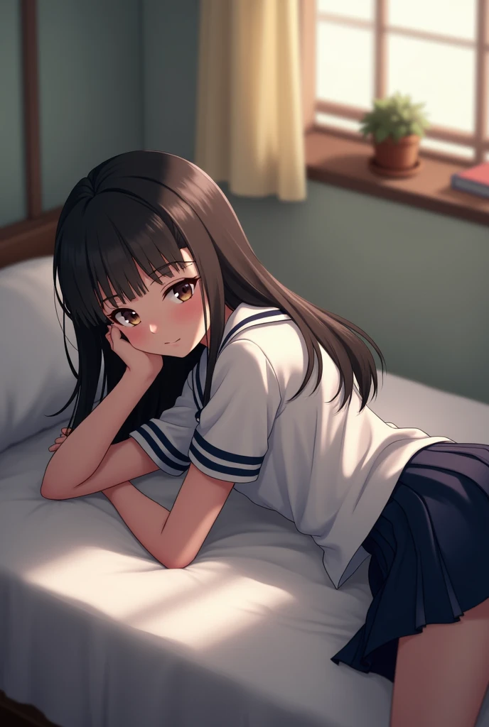 for profit, utaha kasumigaoka, black hair,  long hair, smile,windows，romantic starry sky，Sleeping with both eyes closed,A meteor crosses,T-shirt,Black string underwear,sleeping in bed,night,moonlight,Sleep with your head on the pillow,Sleeping lying on your back in bed,dark room, barefoot　　　　　　　　　　　　　　　　　　
break indoors,Bedroom,
break (masterpiece:1.2), highest quality, High resolution, unity 8k wallpaper, (shape:0.8), highly detailed face, perfect lighting, Very detailed CG, (perfect hands, perfect anatomy), white headband
