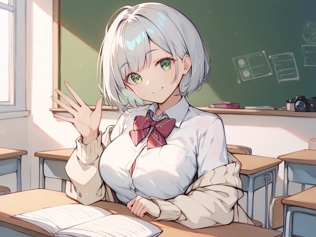  short bob girl with silver hair、 green eyes、Height: 150cm、Breasts are about D cup、 high school student wearing a beige cardigan、Waiting for my boyfriend in the classroom、 looking at camera、Waving to the camera with one hand、smile