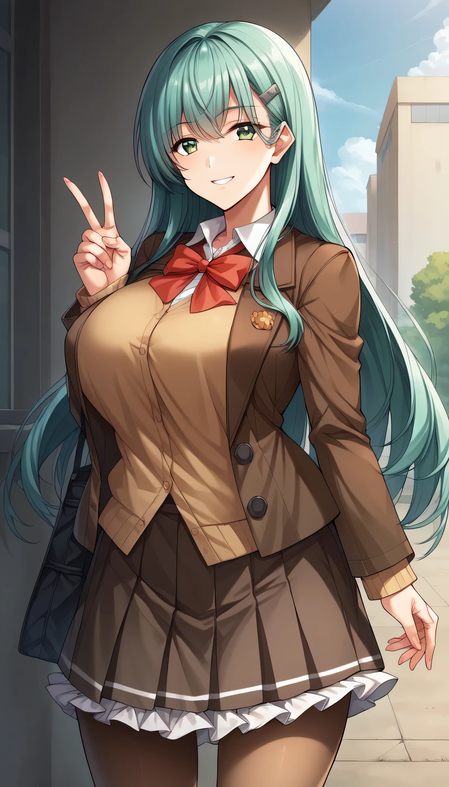 score_9, score_8_ up, score_7_ up, source_anime, game cg, 鈴屋KC, long hair, aqua hair, green eyes, skirt , huge breasts , long sleeve , school uniform, is standing, white shirt, pleated skirt , Open clothes, hair clip, bow tie, red ribbon , blazer, Cardigan, frilled skirt , red bow tie, brown skirt , brown jacket, brown thigh length tights , v, seductive smile full of confidence々
