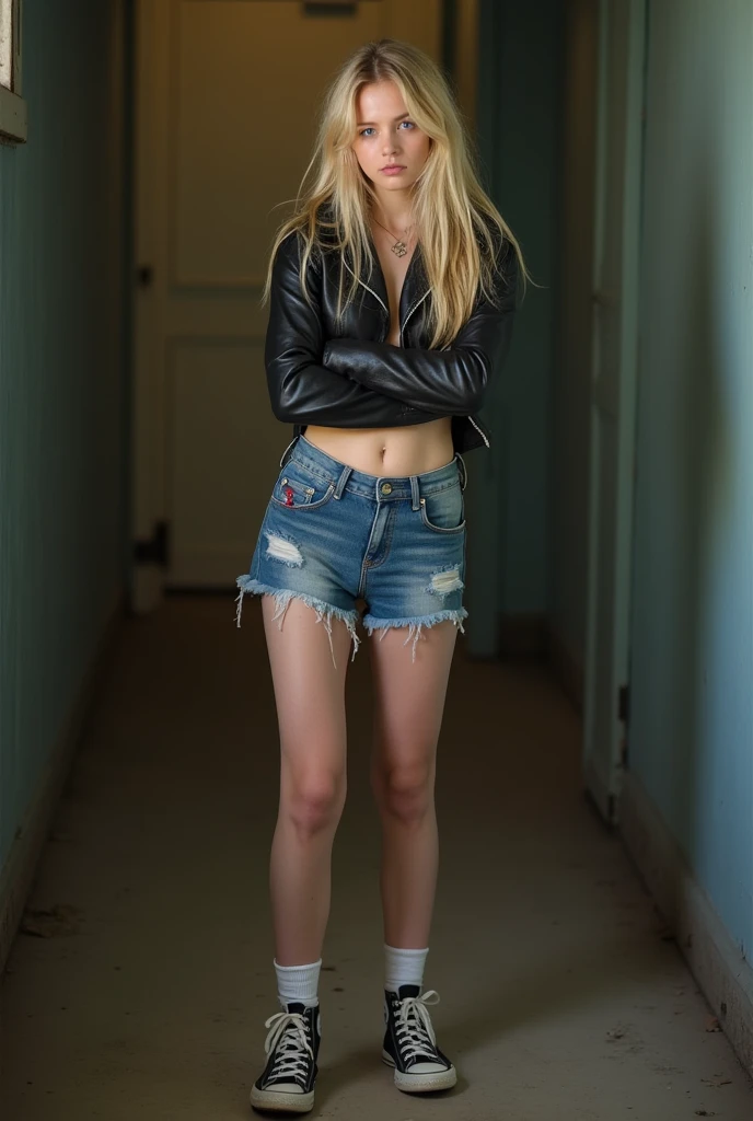 blonde, medium breasts, black rock blouse, blue colored eyes, jeans