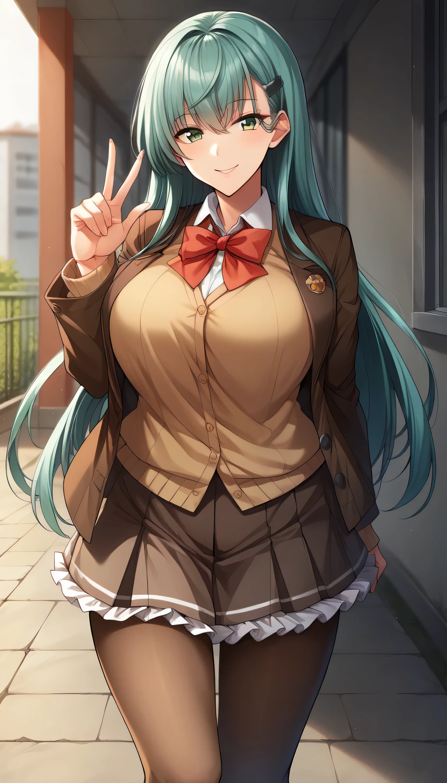 score_9, score_8_ up, score_7_ up, source_anime, game cg, 鈴屋KC, long hair, aqua hair, green eyes, skirt , huge breasts , long sleeve , school uniform, is standing, white shirt, pleated skirt , Open clothes, hair clip, bow tie, red ribbon , blazer, Cardigan, frilled skirt , red bow tie, brown skirt , brown jacket, brown thigh length tights , v, seductive smile full of confidence々
