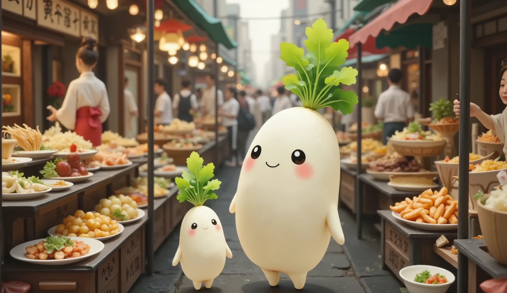 busy new year food street,a lot of food,Diverse, brightly colored, ultra detail ,( top quality,4K,8k, high definition,masterpiece:1.2),2 Japanese white radish characters/(it has leaves),one(little, cute,like a ),one(big,tall,like a mother),joyful and happy atmosphere,there is so many human people/(wearing kimono)