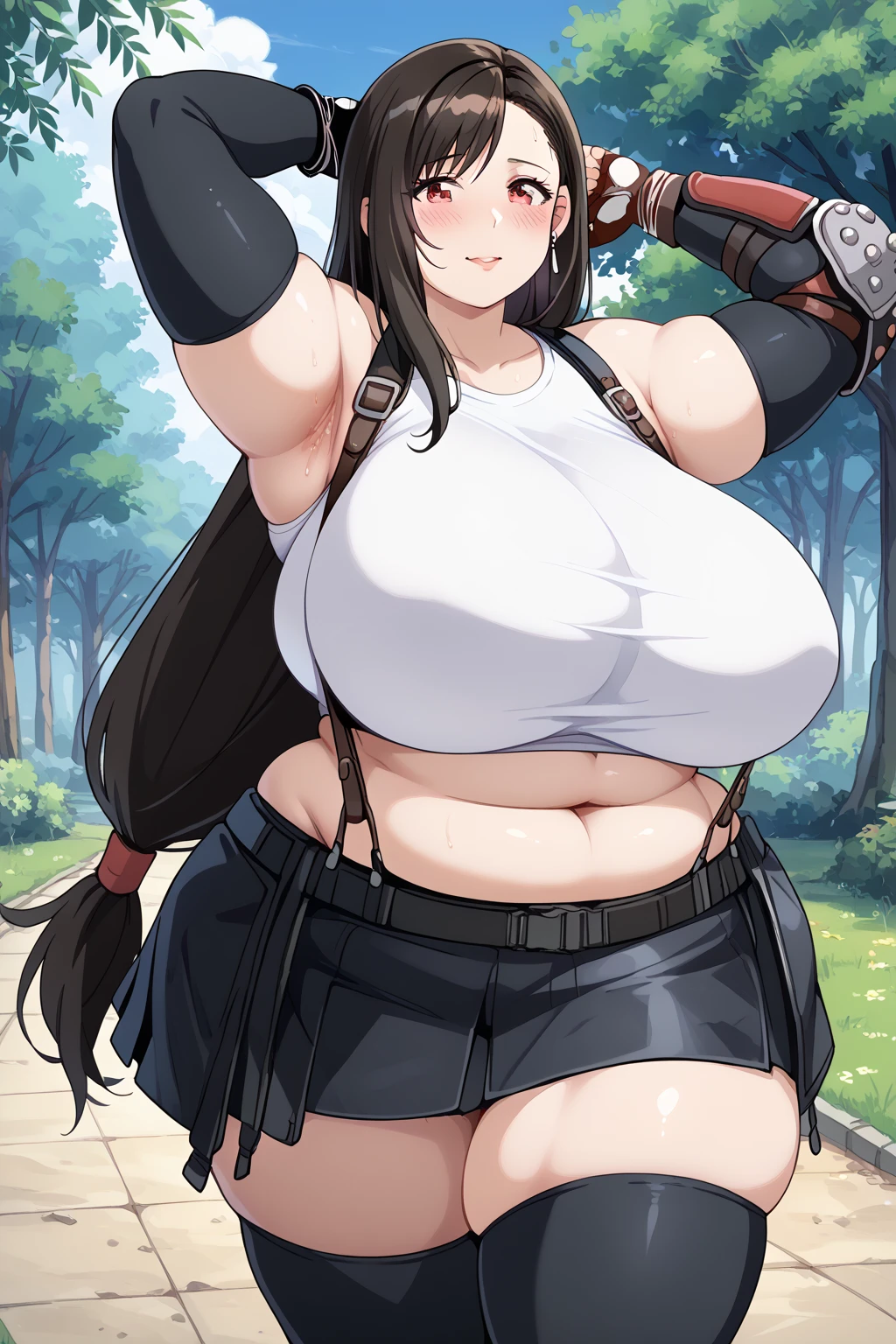 Tifa lockhart,  red eyes,  long hair、Black Hair、 earrings、Sports plastic、 black suspenders、 pleated mini skirt , black thighhighs,  arm guard 、Elbow gloves、 fingerless gloves,Obese middle-aged woman,Severe obesity, Fat face,ssbbw,weight 250kg, troubled expression,embarrassed,A woman with stinky body odor,A woman with smelly armpits ,Showing off armpits,Outdoors, in the woods, score_9,  score_8_ up、 score_7_ up、 score_6_ up、 score_5_ up、 score_4_ up、 Masterpiece、 top quality, A beautiful woman with an obese figure,  absurd、 source_ anime anime screencap,  one woman、Alone、 personal  、Super huge breasts,  super huge clevis、Super huge, Super huge boob,Curvy、 Wide Hips 、 Cowboy Shots