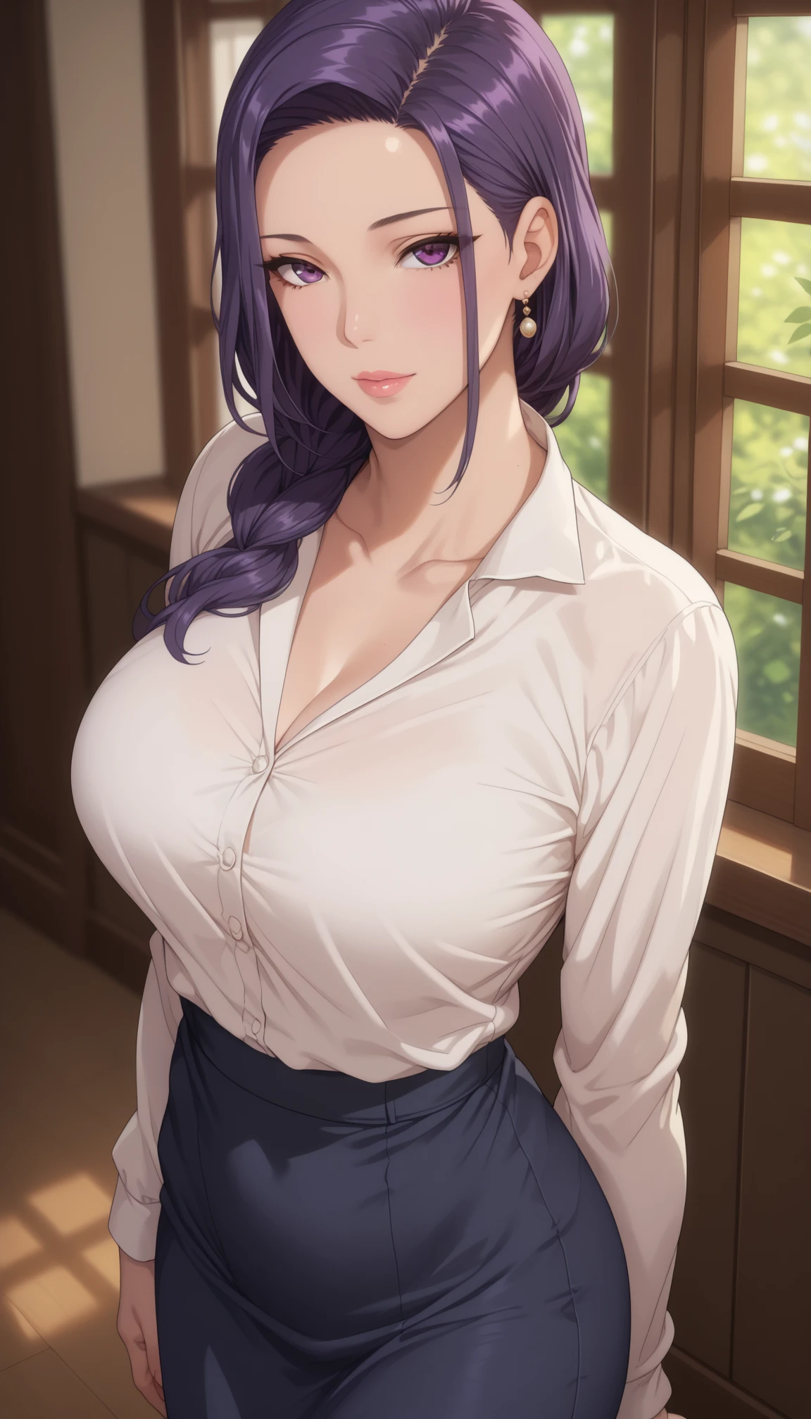 (masterpiece, best_quality:1.2), 1girl, solo, mature female, purple hair, long hair, (housewife:1.5, casual clothes, skirt, long sleeves), beautiful eyes, female focus, looking at viewer, large breast, wide hips, ((above view)) ((close up shot)) ((solo)) detailed, very high resolution, no blurry image, (cowboy shot), standing, beautiful, elegant, serene expression, intricate details, detailed background, in the bedroom