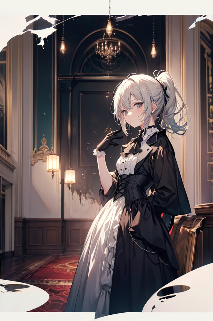 Best quality at best， tmasterpiece， realisticlying， 超高分辨率， Complicated details， 1girll， Jirai is stylish， beautiful  face， Light silver hair， hair adornments， frilled sleeves， skirt with frills， in the dining room， squatt，Ray traching，quadratic element