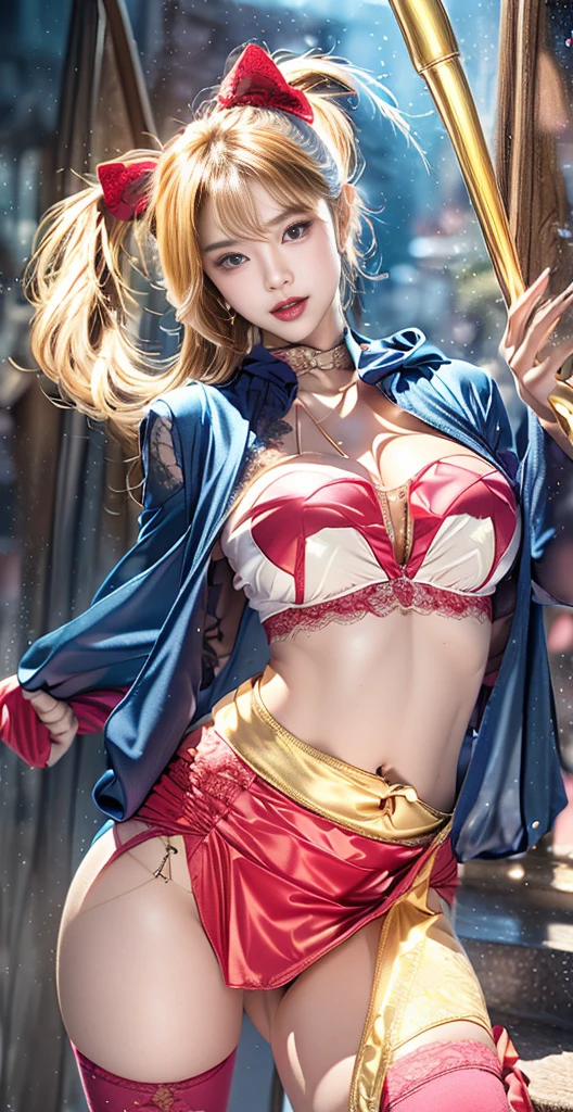 Ultra realistic 14 year old girl, cos , long blonde hair with braided bangs , medieval samurai armor , katanas, flat breasts , garterbelt long socks , menacing face , sensuous , Dungeonpunk .SEXY CORPO