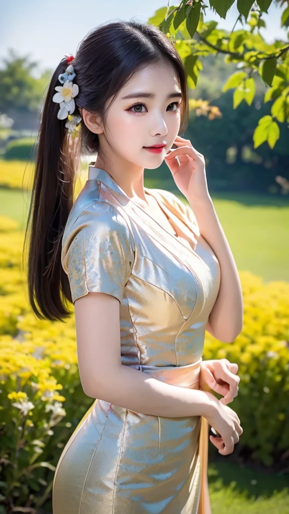 1 girl, hair bun, beautiful girl, mmTD burmese patterned traditional dress, yellow dress, outdoor, perfect light, masterpiece, best quality, ultra detailed, cinematic feels, looking at the viewer, 8k, RAW photo, realistic, photo realistic, intricately detailed, UHD, full HD, ultra resolution