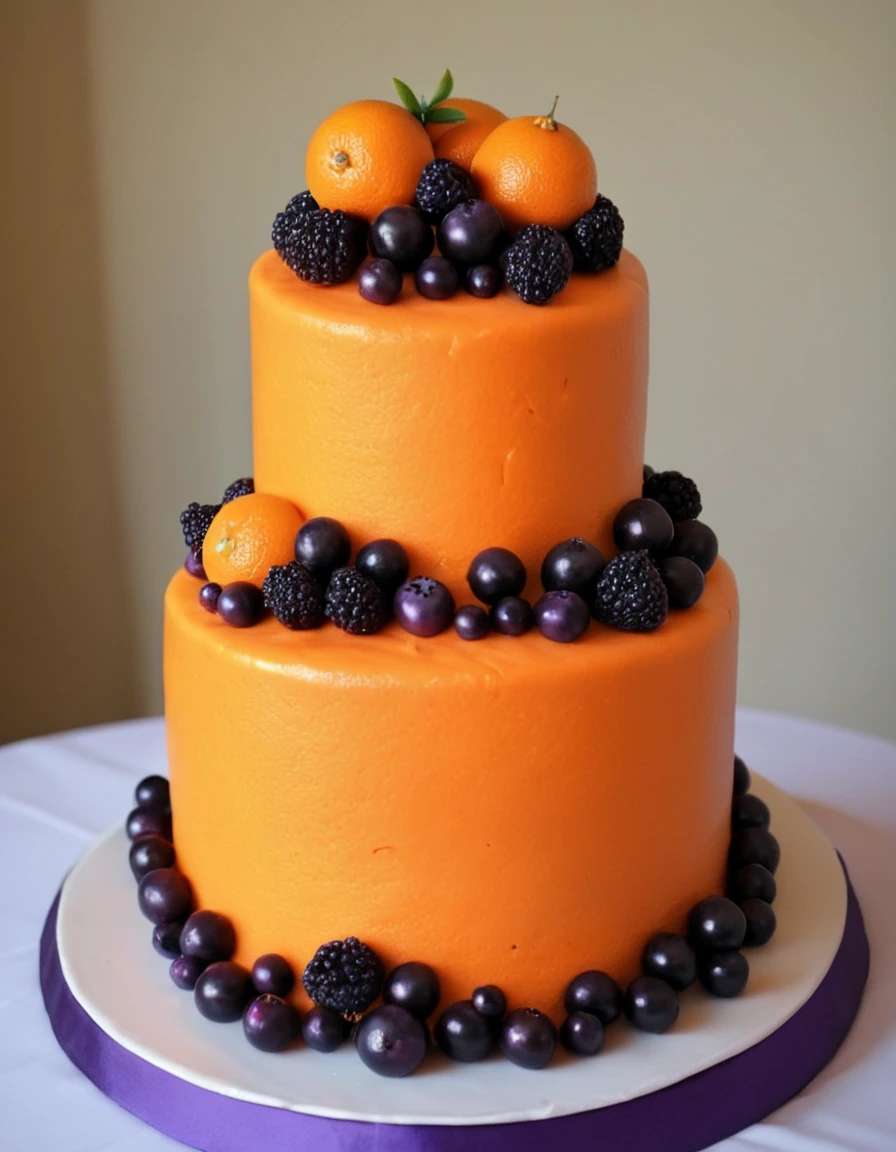 The cake was orange decorated with purple berries.