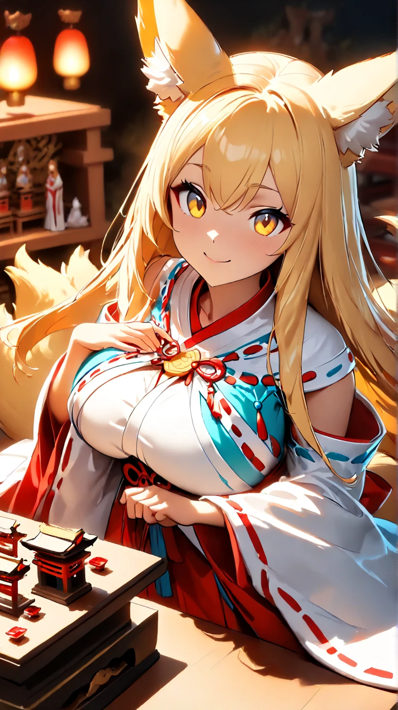 (  Masterpiece ,   top quality:1.2), ((( 1 anime girl))) , (((Alone))),   expressive eyes , Fox&#39;s Tail, ((( blonde long hair ))). ((( straight hair))), milf, mature woman, (smile), ((( golden eyes))), (((Standard shrine maiden costume))), ((( fox ears))), Big Breasts, 嬉しそうなsmile, face shot, (手を振ってsmileで話す),  looking at camera, goofy look, (((Torii of the small shrine ))),  Volume Light ,  subsurface scattering,  Cinematic Light ,  chiaroscuro,  jyojifuku, miko,red hakama, Study Room, (((A miniature shrine on a desk))), ((( very small hand-riding goddess on the desk))), Bird&#39;s-eye view, (((Tiny 5 cm tall goddess)))