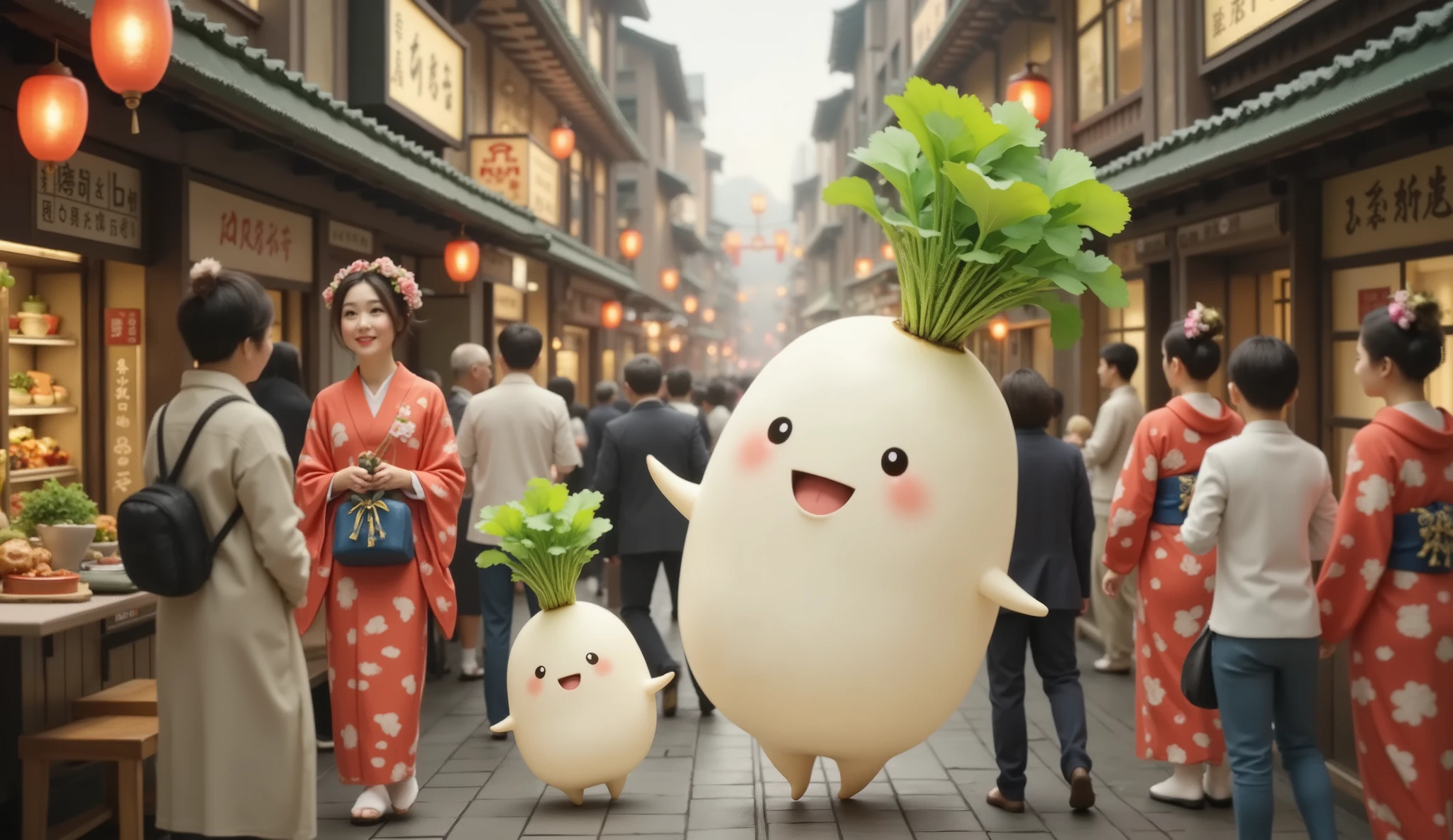 busy new year food street, ultra detail ,( top quality,4K,8k, high definition,masterpiece:1.2),2 Japanese white radish characters/(it has leaves),one(little, cute,like a ),one(big,tall,like a mother),joyful and happy atmosphere,there is so many human people/(wearing kimono)