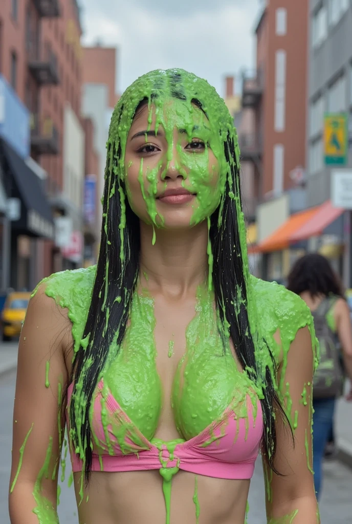 DSLR photograph. Beautiful Korean woman covered in green water. Photorealistic. Wet liquid. Nasty slime. Raw photo. Wearing pink push-up bra. New York City streets. Daytime. Green Slime. Dripping green goo. 21 years old. (Korean: 1.2). Ponytail. Green water. Portrait photo. Cleavage. Beautiful Korean face. grabbing her . Monolid eyes. Mascara. Black eyeliner. Instagram model makeup.