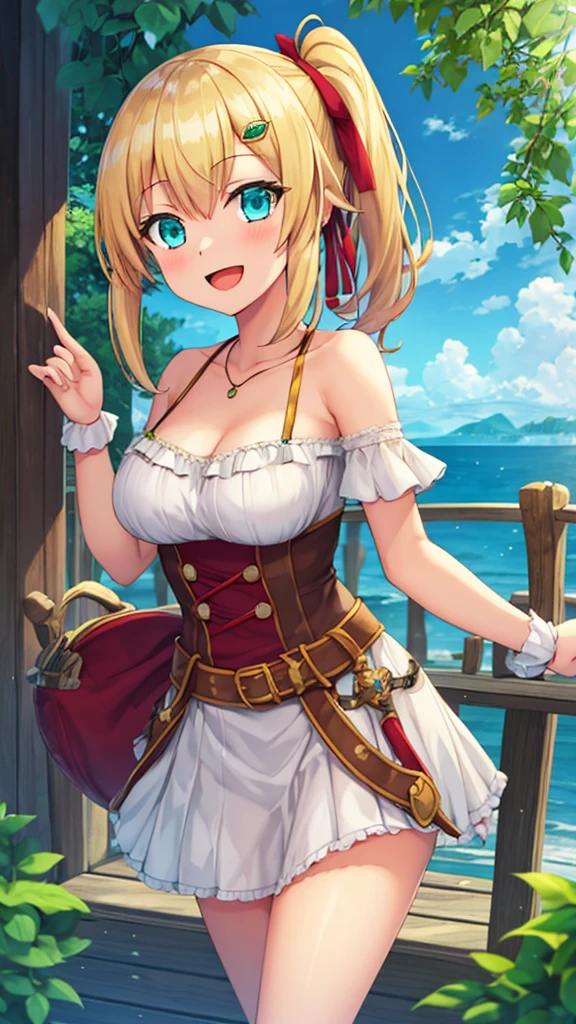 masterpiece, best quality, illustration, 1girl, solo, looking at viewer, emma_brightness, blonde hair, aqua eyes, , bare shoulders, , side ponytail, pirate costume, standing, smile, open mouth 