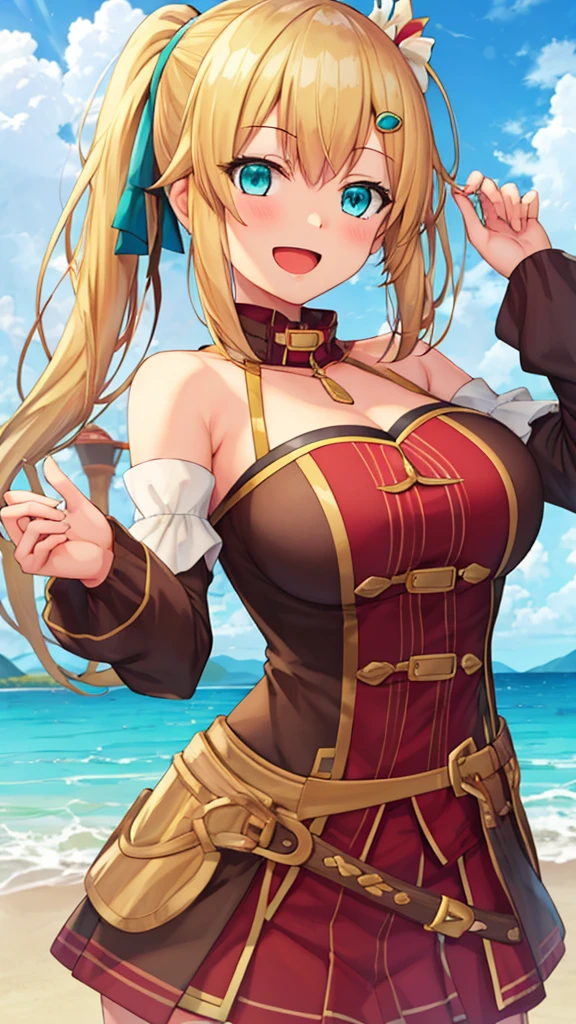 masterpiece, best quality, illustration, 1girl, solo, looking at viewer, emma_brightness, blonde hair, aqua eyes, , bare shoulders, , side ponytail, pirate costume, standing, smile, open mouth 