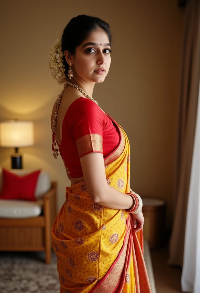   21 year old girl ,fullside view, standing in room, wearing navel chain, sexy blouses,big breasts, different colour sarees, fit and curvy body, sleeveless blouse, costly room, bangles in hand, bindi in forehead, 8k , intricate details big, showing thighs, wearing shorts
