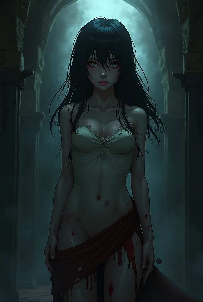 Black hair, green eyes, scars all over the body with tears in the eyes and blood on the clothes.