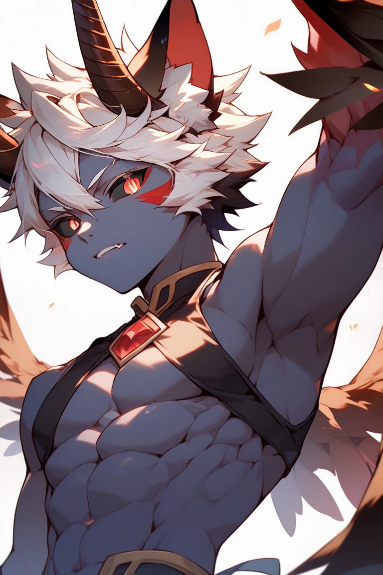You have a manly human face.，covered with light smooth skin。You have waist-length golden human hair.。You have a pair of devilish owl eyes，Red iris in a round shape，Black pupil vertical，There is also a white sclera。You have a normal pair of human ears，covered with light smooth skin。No trace of facial hair。 mouth: You have full、Light lips。 TorsoLooks manly.，Covered with brown smooth skin。You have a well-proportioned and muscular body，Shape your strong body。 arm: You have a pair of human arms and hands，covered with light smooth skin。No trace of hair under your armpits。Your arms look strong，Looks manly.。 Legs: Your legs and feet are human-shaped.，covered with light smooth skin。Your legs and feet make you plantigrade.，Meaning you walk on the soles of your feet。 Your legs look beautiful，Show masculine demeanor。 wing: Growing on your shoulders，You have a pair of giant feathered demon wings.，Covered with black glossy feathers。Your arms are the right size and strong enough，Allows you to fly！ Tail: You have a pointed brown devil&#39;s tail extending from your tailbone.。