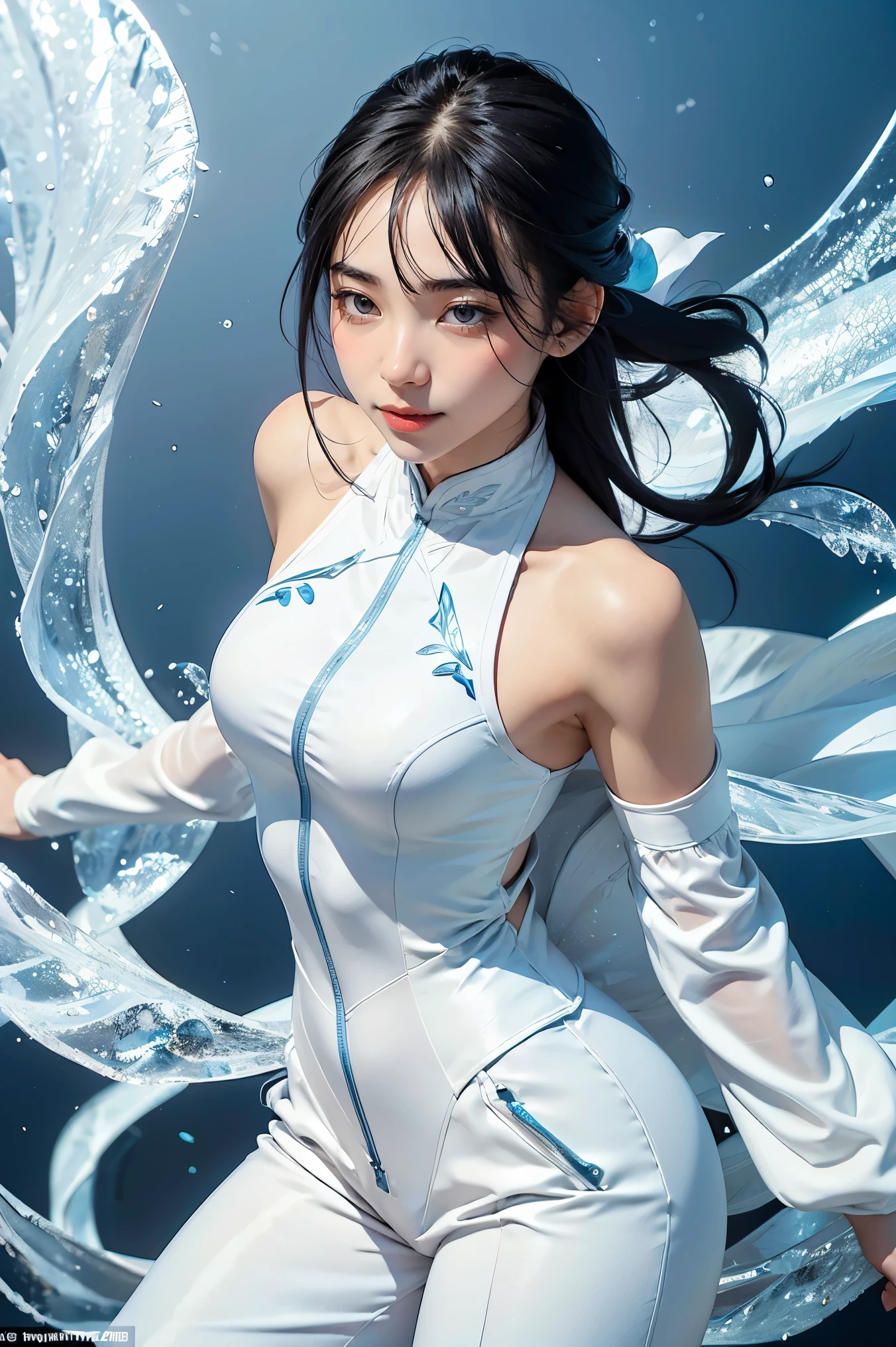 8K, ultra hd, masterpiece, 1 girl, 18 years old, slim body, ribs, bones, good face, long hair, detailed eyes, detailed lips, small breasts, ((closed up with bubble clothing:1.5)), blue clothing, (criss-cross lace)), bare waist, loops, straps, realistic shadow, epic scenery, morning, ((bubble:1.5)), (water bubbles:1.5), water, beautiful, rain, water reflection, RTX 4090, ray tracing, bloom, front body pose,