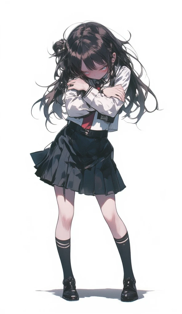 tmasterpiece， quality， A high resolution， 独奏， inside in room， white  shirt， a black skirt， Red ribbons， ， ， Side tie tong， lying down， from the above， Arms spread wide， vred， Bedessy outfit， Heavy breathing， sexual expressio