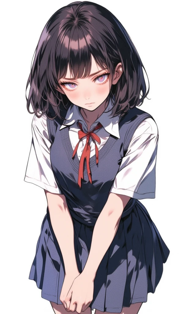  Best Quality, Best Illustration,1 girl,solo,Eyeshadow on the eyes,Ultra-detailed,girl,white background, timid standing,Eyes of fear,School uniforms in Japan girl,cool shot (depressed,frightened girl) (Anxiety:1) 