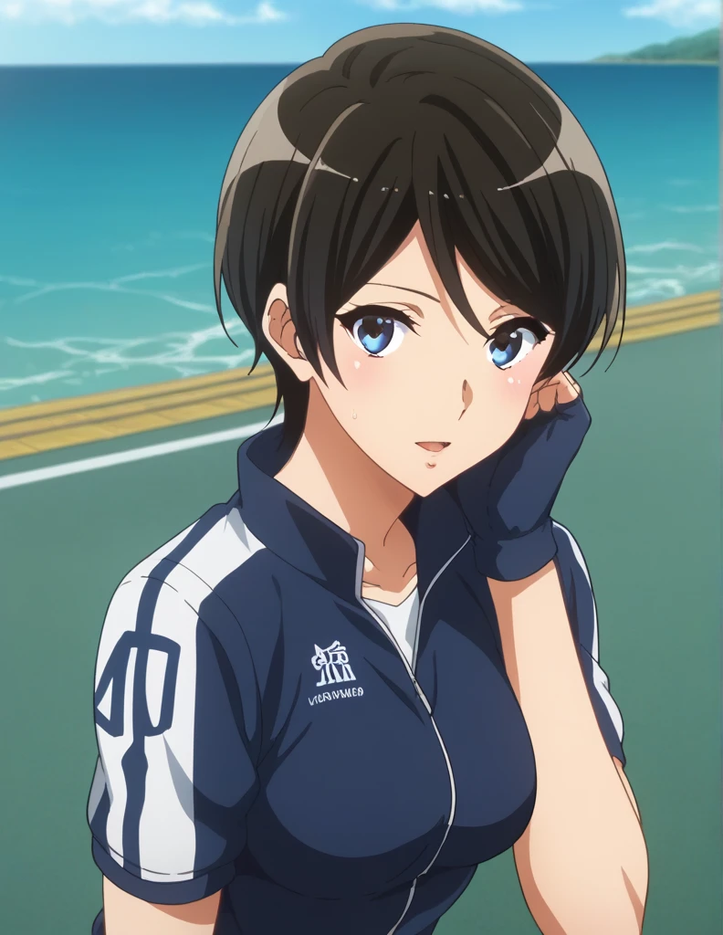 score_9, score_8_ up, score_7_ up, score_6_ up, score_5_ up,  source_Anime, rating_safe, medium breasts,  1 girl, Alone,  Audience , suzuki mirei ,  short hair,  hair between eyebrows,  blue eyes, Cycle Racing, Cycle Racing選手権で優勝した最強の女,  White and Navy Blue Cycling Uniform,  white and navy blue bicycle jersey ,  bike shorts, White and dark blue biker clothes , fingerless  gloves,  gloves, road, Short sleeve,, road, Mountain々,  ocean ,  blue sky, cloud,  bend your back,  open lips,  cowboy shot, Strongest Woman Who Is Strongest to Get Hit 、 Strongest Woman Who Isn't Frightened When Hit 、 Strongest Woman Who Isn't Frightened When Kicked 、Cycle Racingで優勝した最強の女、柔roadの段位九段の最強女、柔road大会で優勝した最強の女、 A little thick,柔road player、柔road、Inside the 柔road Gymnasium、On the tatami、discovery、whole body、rest、幼い頃柔road家に育てられた. 