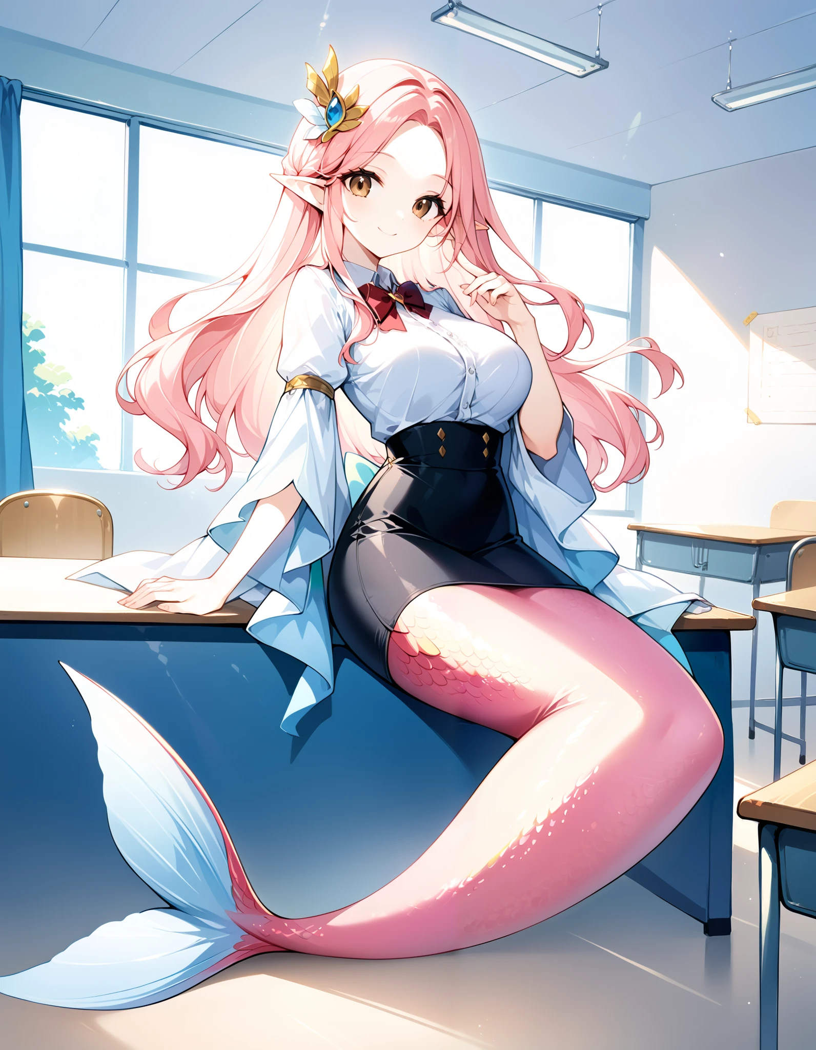 1girl,classroom,black pencil skirt,pantyhose,medium breasts,(Fraction_9:0.9),Fraction_8_up,Fraction_7_up,Grade_of,Actual,(zPDXL3), ( masterpiece),  ( best quality),(Complete of five fingers ), a girl ,Water Enchantress of the temple,pink Hair , brown eyes,Alone of,  Big Breasts, white sleeve shirts ,Mermaid, blond ofMermaid tail, Smile,