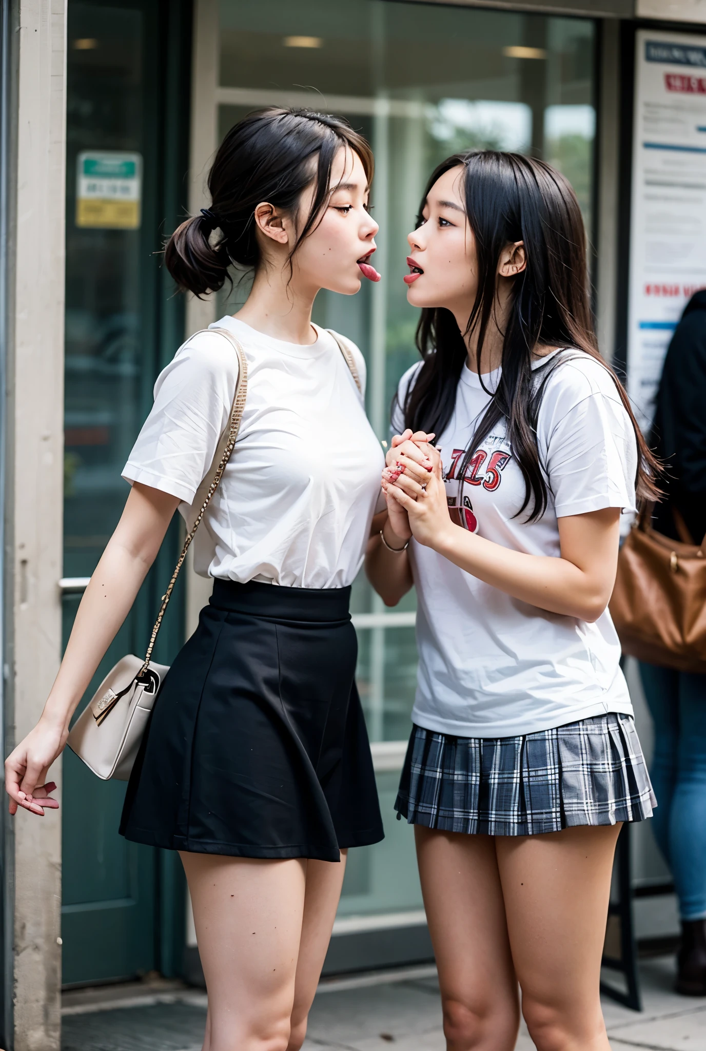 Two  women in mini skirts kissing with their tongues crossed hands