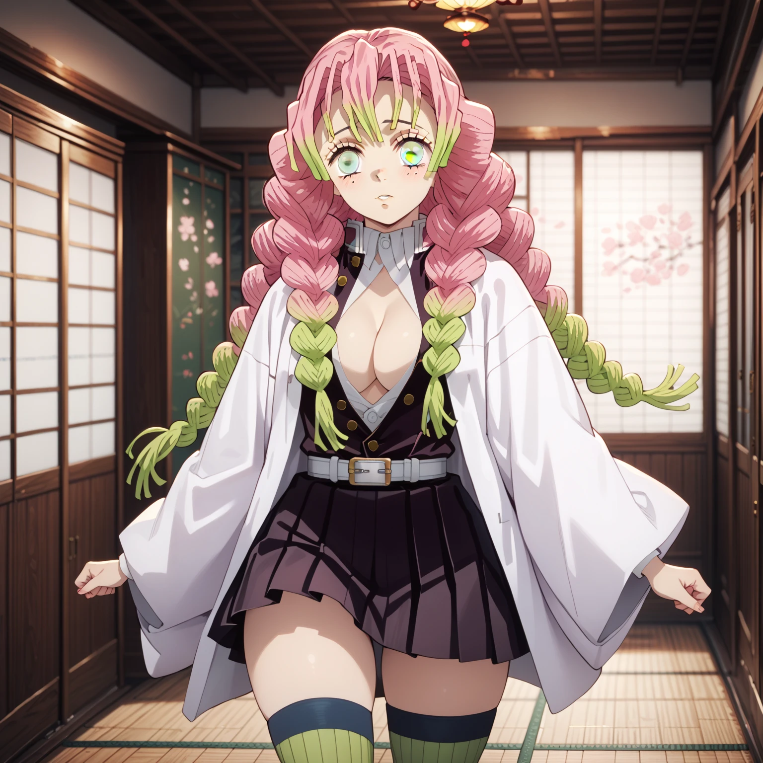 m1tsur1kanr0j1, pink hair, braid, long hair, green eyes, mole under eye, white outfit,green legwear,black skirt, stand, Confident pose, Room, Displeased face, Beautiful view, good atmosphere, Thigh