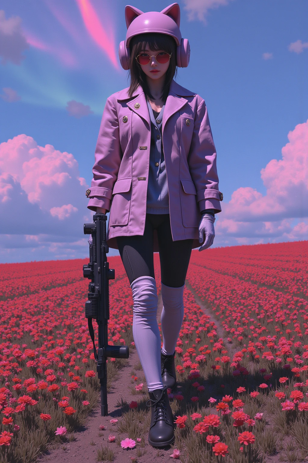   armed girl soldier with a machine-gun in a field of flowers wearing a cat ear helmet , wearing a cat ear helmet , Aurora in the sky 、 Cyberpunk Art by Mike  "Beeple" Shopman   ,   amazing realism  ,   retro punk nature wave defender, masterpiece    Spectacular Retrowave Art  ,    synthwave art style, Spectacular Retrowave Art  ,  Contrast