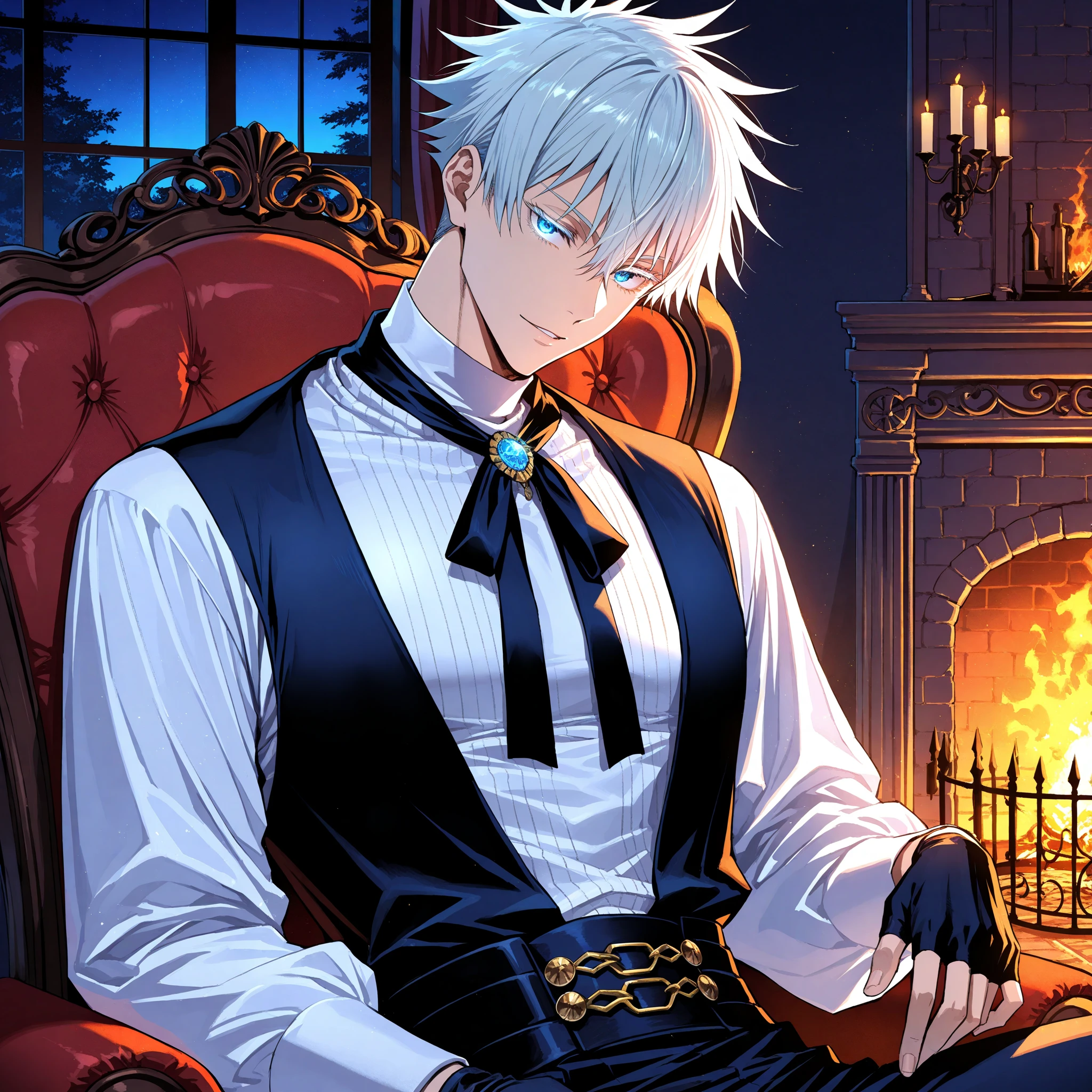 (masterpiece, best quality), (absurdres absolutely resolution), (8k), (detailed beautiful face and eyes), (detailed illustration), (super fine illustration), 1boy, vampire hunter, Gojo Satoru, Jujutsu Kaisen, glowing eyes, blue eyes, white eyelashes, white hair, short hair, hair between eyes, black elegant fantasy clothes, turtleneck white shirt, black fingerless gloves, fantasy style, high fashion, handsome, attractive, sexy man, sensual, solo, upper_body, sitting, armchair, night, fireplace, manor, professional lighting