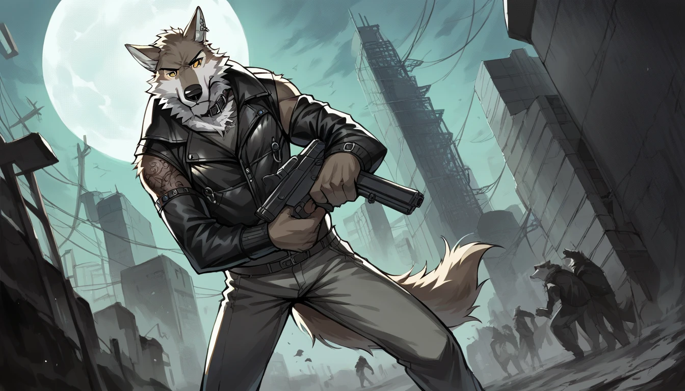 A black male anthro wolf, in a position as if walking towards us, wearing a black jacket and black pants. His chest and abdominal muscles are visible. His head is covered by the hood of the jacket. His left hand is holding a knife, and his right hand is holding a shotgun. He has a long white scarf wrapped around his jacket neck, with the end of the scarf flowing in the wind, appearing to float in the air. The jacket resembles a long cloak, giving the impression of floating behind him as if caught in strong wind while he walks. His foot is naked, his hoot is dhaped like animal foot paw. His tail is black behind his legs. Red background. Sfw