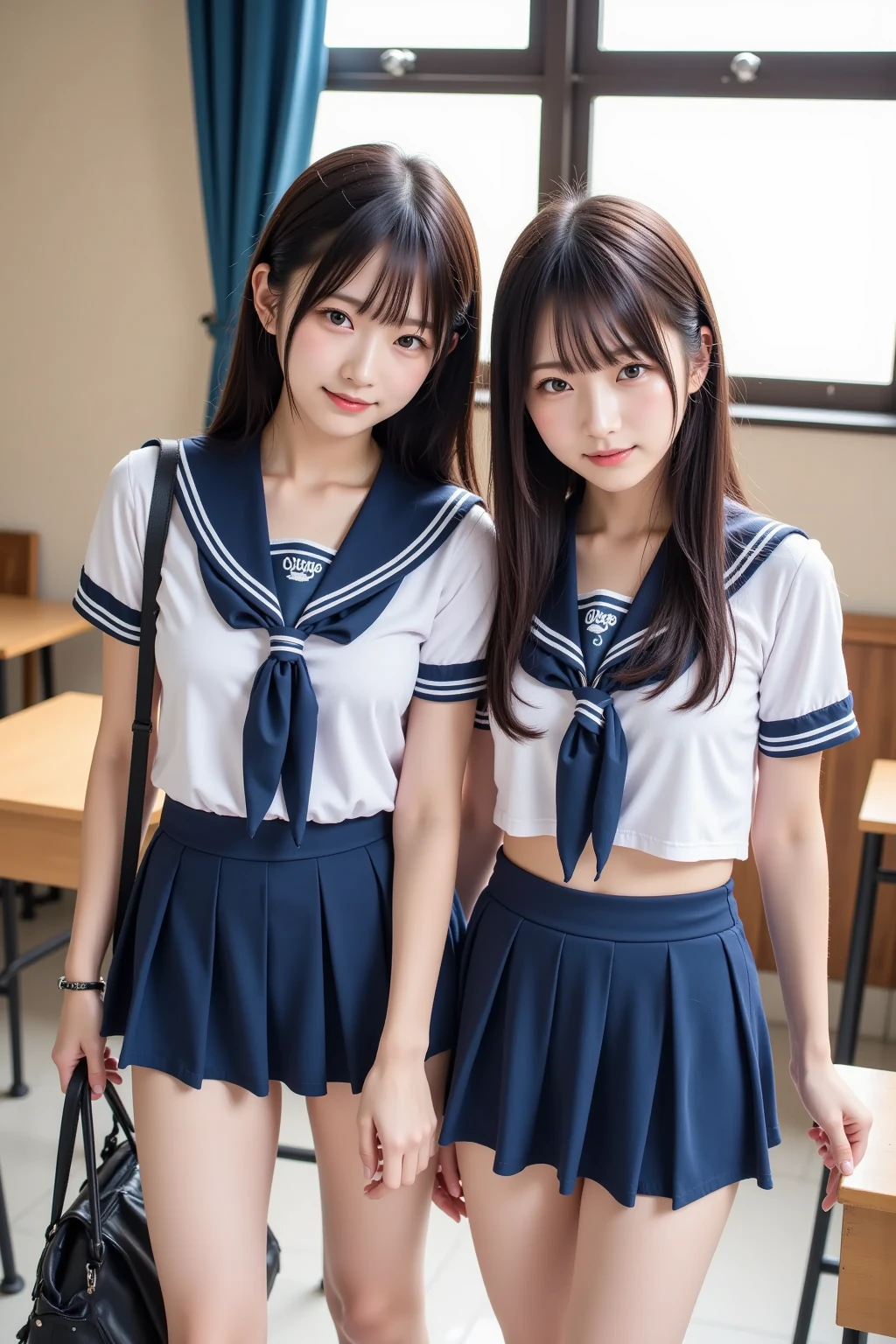 2 girls in classroom,white sailor shirt with red bow tie,navy blue compression shorts,navy blue leggings,18-year-old,bangs,a little smile,thighs,knees up,short cut hair,low ponytail,from below,front-lighting