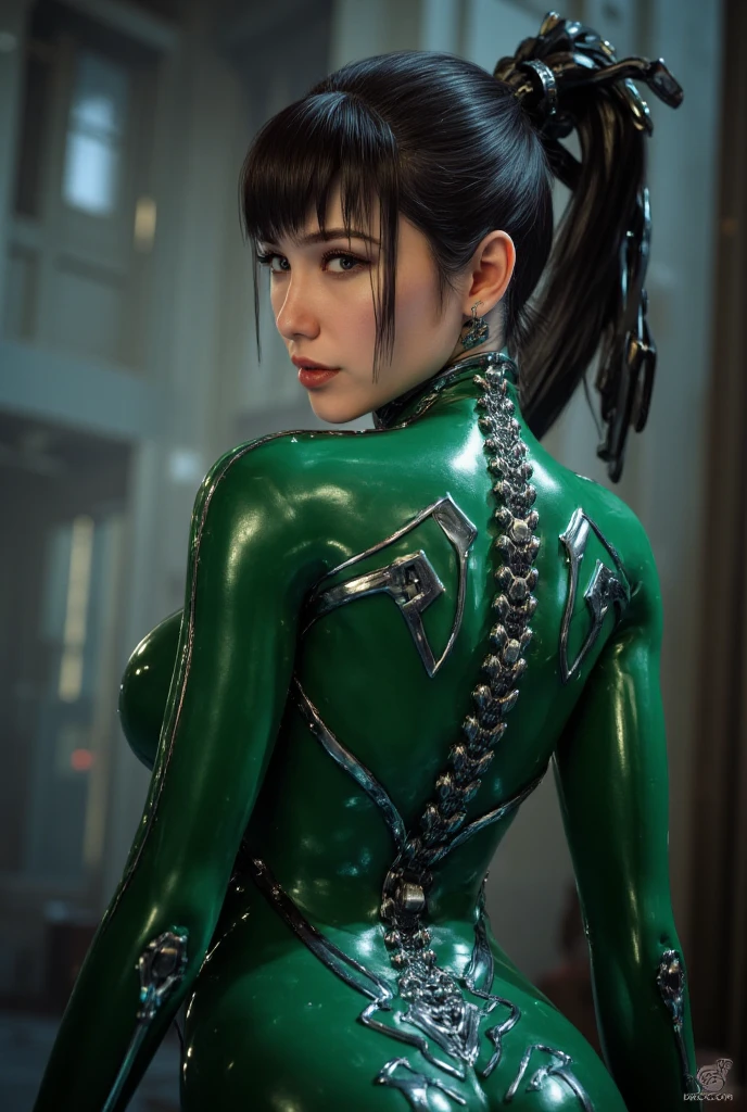 eve from stellar blade looking over shoulder towards camera, green suit with cybernetic trim, 