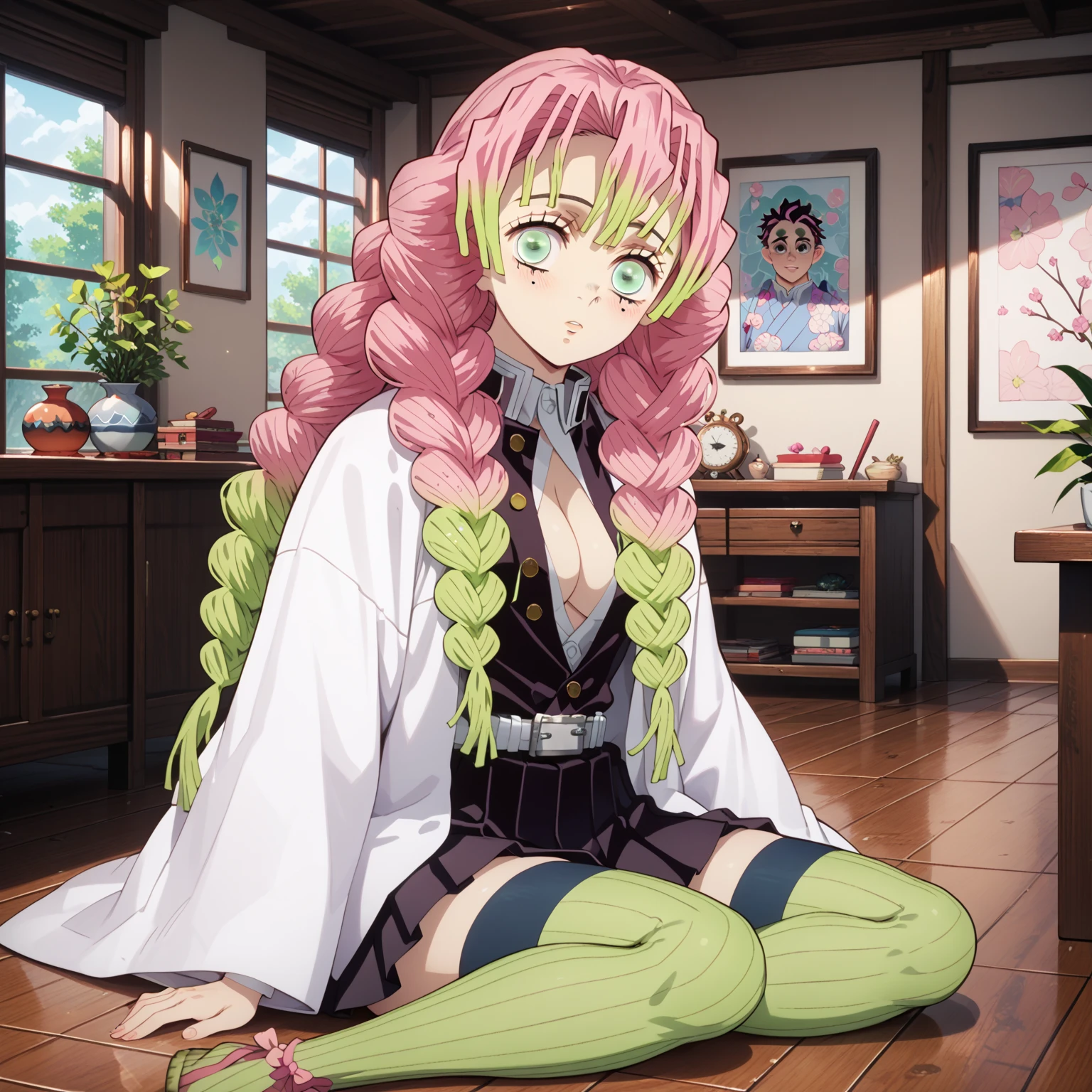 m1tsur1kanr0j1, pink hair, braid, long hair, green eyes, mole under eye, white outfit,green legwear,black skirt, Sit, Room, Displeased face, Beautiful view, good atmosphere, looking at viewer