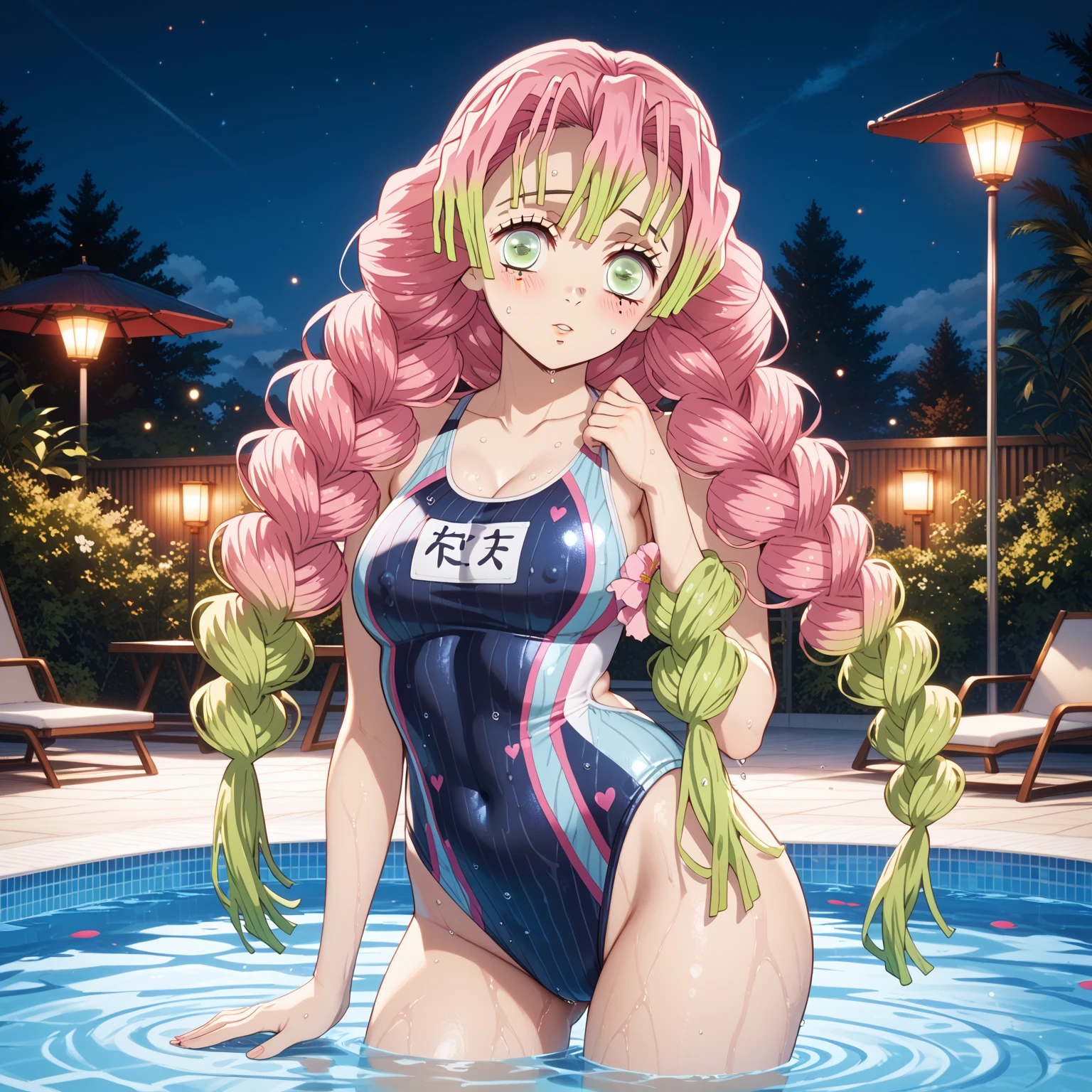 m1tsur1kanr0j1, pink hair, braid, long hair, green eyes, mole under eye, one-piece swimsuit, sexy pose, blush, shy, Pose seductively, Posing provocatively, Wet body, pool, night, looking at viewer, Body tingling, Beautiful view, good atmosphere, Thigh