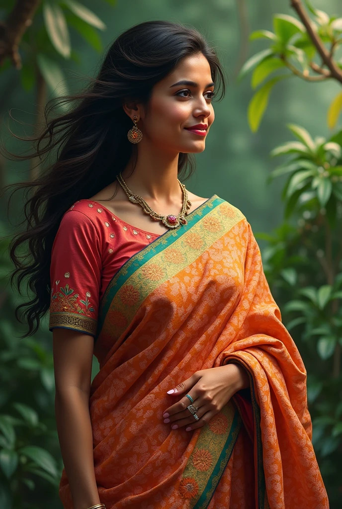 A beautiful Indian woman wearing saree in tricolour.