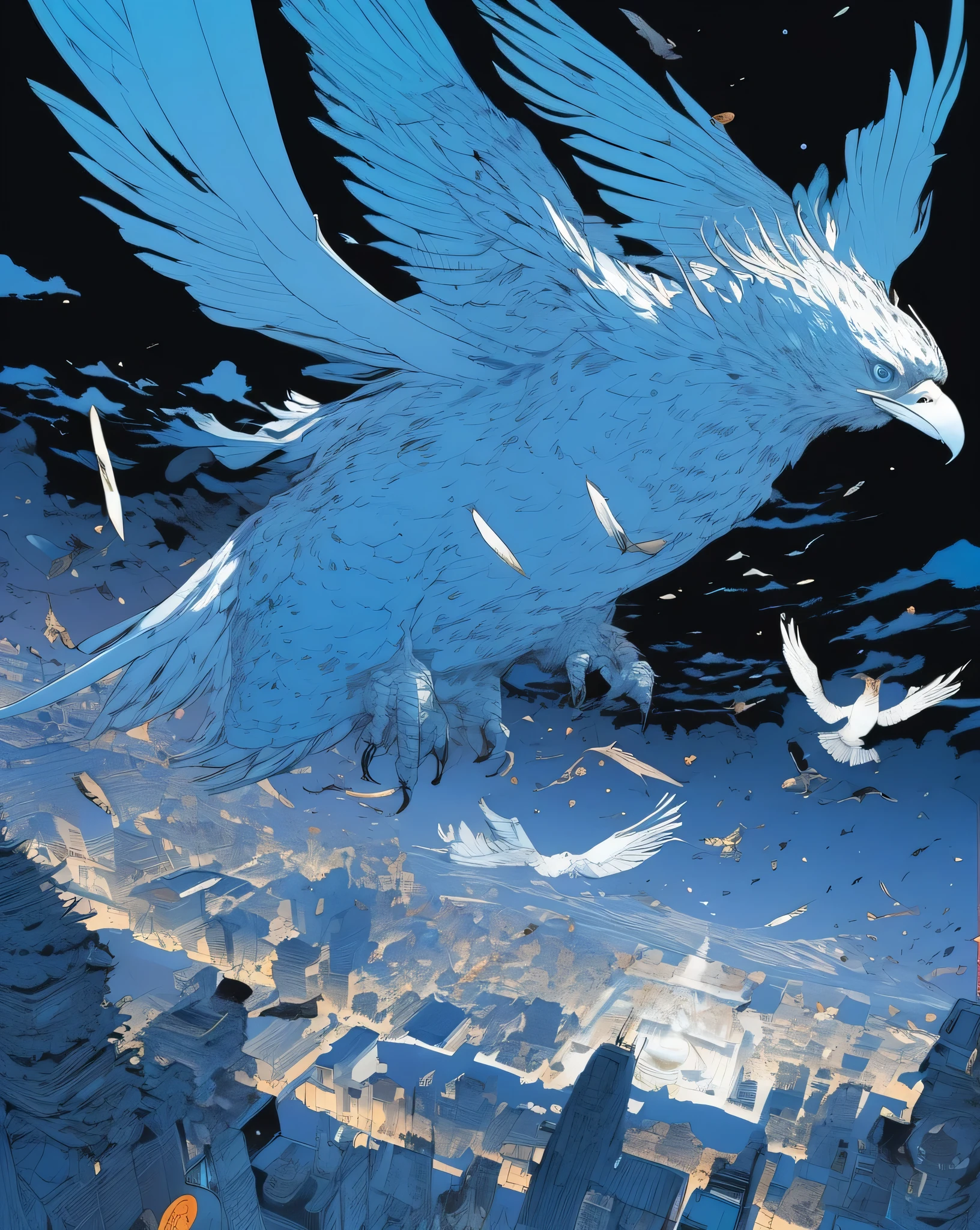 Flying monsters by Laurie Greasley and Takeshi Obata, The desire to achieve enlightenment, feathers are growing、nirvana, blue, Oil Paint, be familiar with, realistic, 8k uh, high quality、highest amount of information、masterpiece、Detailed writing、