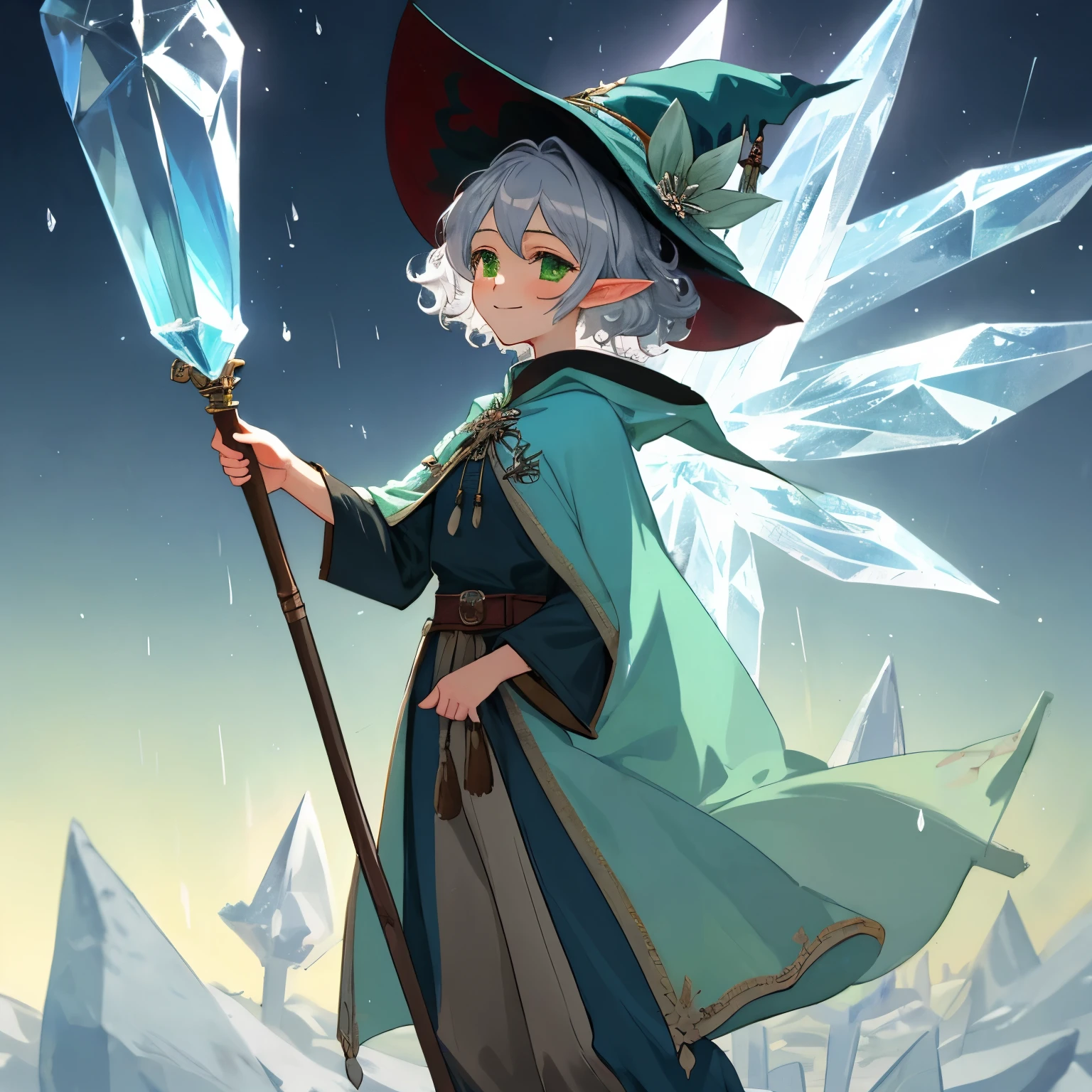 elf, female, silver hair, short hair, medium cut, curly hair, green eyes,slender, flower patina witch's pointed hat, flower patina wizard costume, pants, tale coat, fair skin, annoyance, raise right hand, right hand with ice Jewel long wand, cool emotion, cool mild smiling, chanting magic, frosty illusions, ice crystal rain
