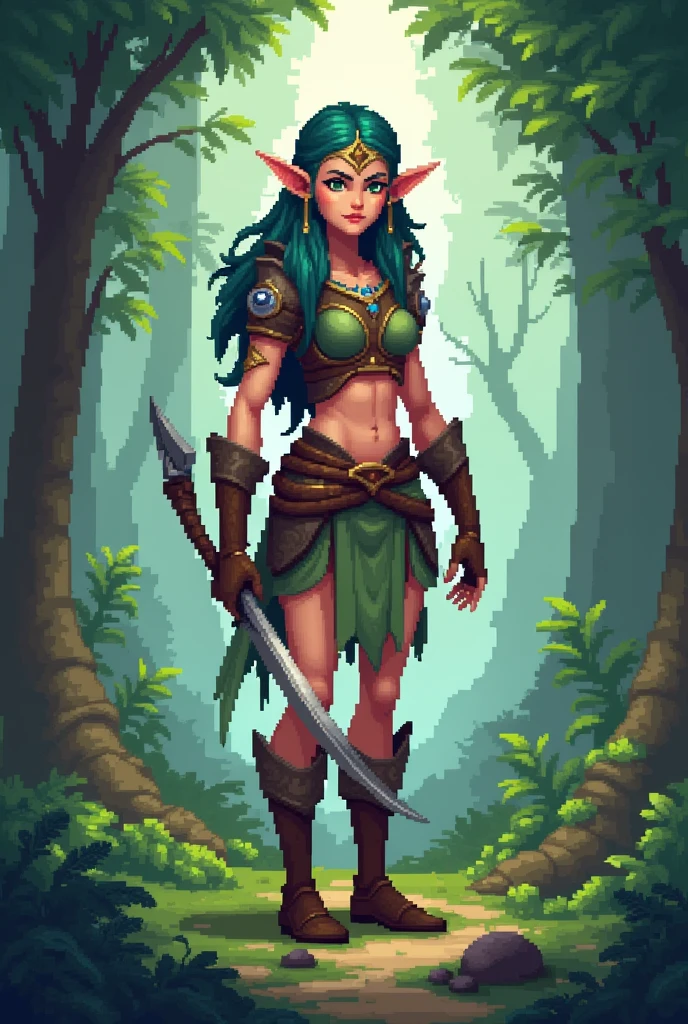 Night elf from Warcraft, long ear, purple skin, red hair, long hair, archer, in wood, female warrior