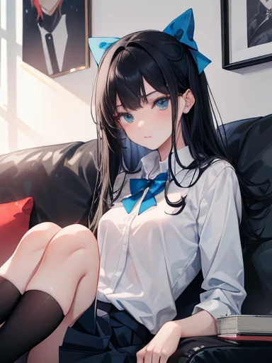 best quality, masterpiece, student outfit, bedroom, sitting on bed, cute, double tail, black hair, blue eyes,