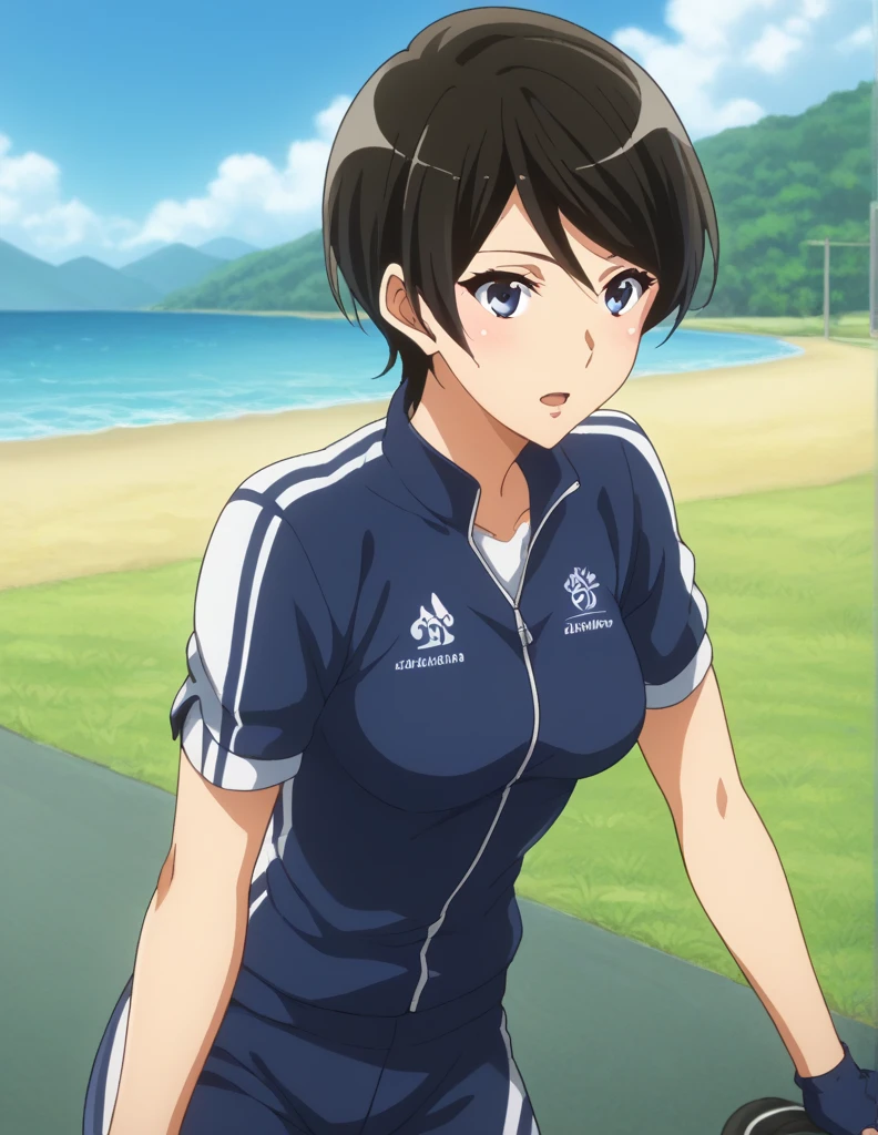 score_9, score_8_ up, score_7_ up, score_6_ up, score_5_ up,  source_Anime, rating_safe, medium breasts,  1 girl, Alone,  Audience , suzuki mirei ,  short hair,  hair between eyebrows,  blue eyes, Cycle Racing, Cycle Racing選手権で優勝した最強の女,  White and Navy Blue Cycling Uniform,  white and navy blue bicycle jersey ,  bike shorts, White and dark blue biker clothes , fingerless  gloves,  gloves, road, Short sleeve,, road, Mountain々,  ocean ,  blue sky, cloud,  bend your back,  open lips,  cowboy shot,love affair,keep company, are dating,She lets men touch their skin, Strongest Woman Who Is Strongest to Get Hit 、 Strongest Woman Who Isn't Frightened When Hit 、 Strongest Woman Who Isn't Frightened When Kicked 、Cycle Racingで優勝した最強の女、柔roadの段位九段の最強女、柔road大会で優勝した最強の女、 A little thick,柔road player、柔road、Inside the 柔road Gymnasium、On the tatami、discovery、whole body、rest、幼い頃柔road家に育てられた. 