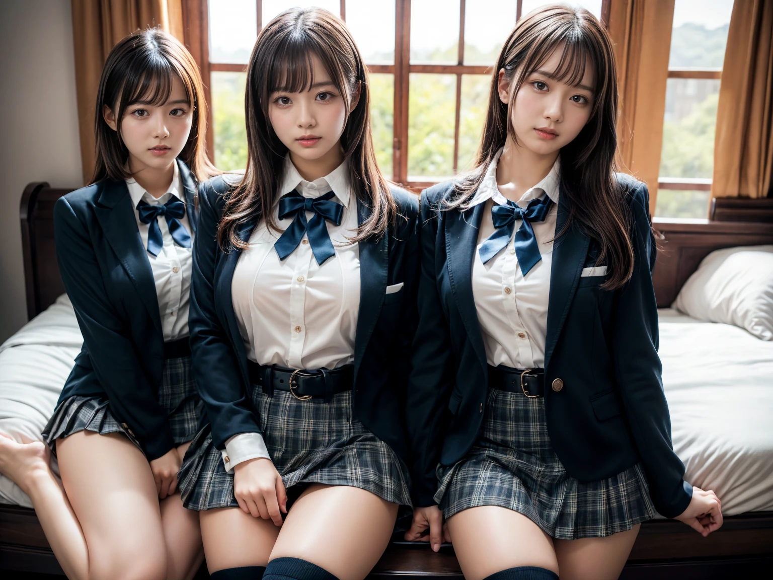 (8K, Raw photography, top-quality, ​masterpiece:1.2), master piece, best quality, illustration, Super detailed, fine details, High resolution, 8K,wall paper, perfect dynamic composition,(Details High quality, realistic depiction of eyes:1.3), ((2 girls, 2 schoolgirls)), The background is a luxury hotel room、High school girl uniform、blazer 、Super Short Check Uniform Skirt、Navy blue high socks、garterbelts、Colossal tits、Disturbed uniform, Play with each other,Touching each other's bodies,Touching the body of the girl next door, short bob hair, black hair color, huge breasts, Big Natural Color Lip, bold sexy pose, (perfect body shape), crying a little、cold gaze,  Beautiful makeup,glitter makeup,Cutest 18 years old, beautiful legs, hposing Gravure Idol, Voluptuous thighs