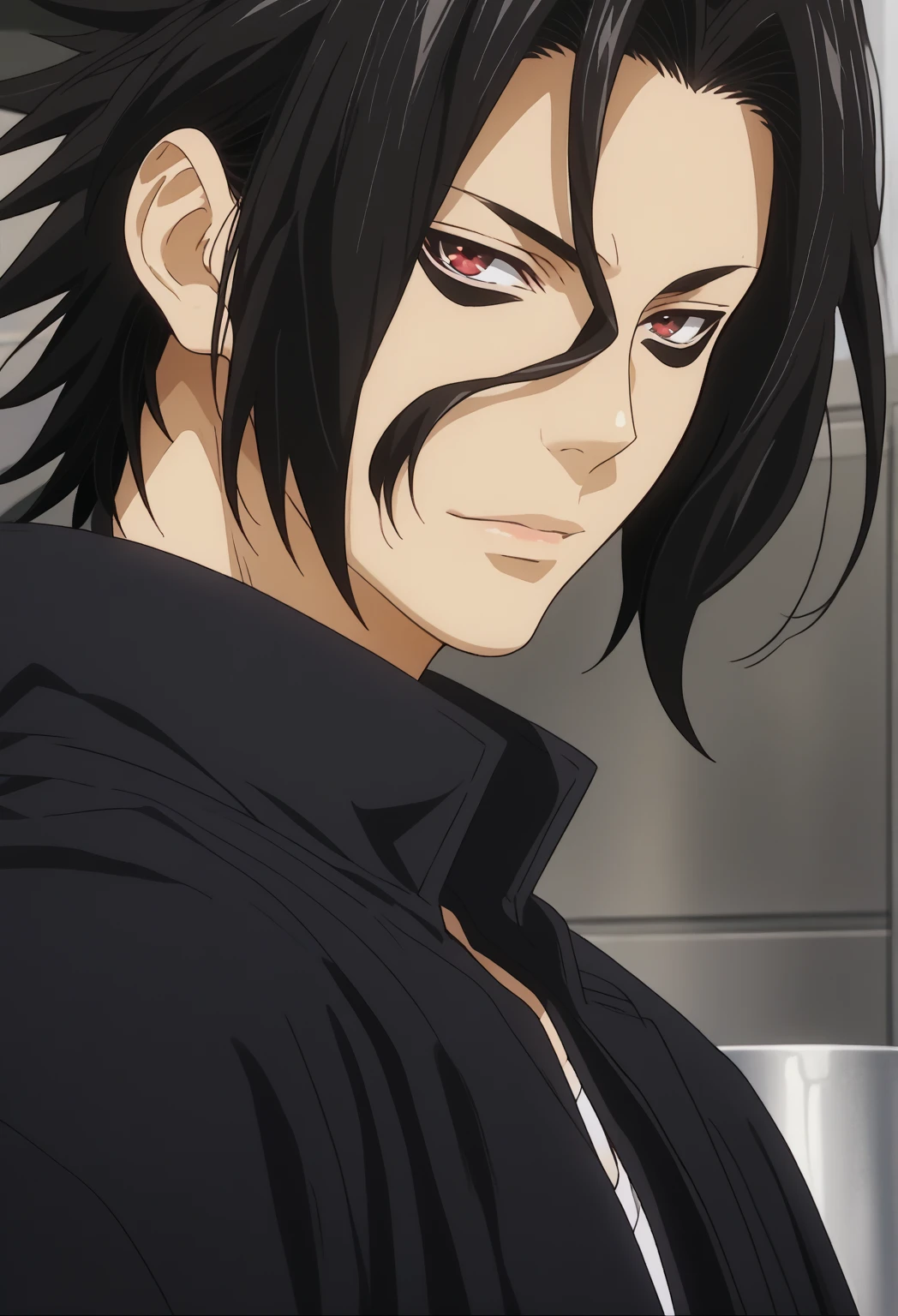 score_9, score_8_up, score_7_up, source_anime, rating_safe, KurokibaSNS, black Kurokiba hair, red Kurokiba eyes, 1boy, male focus, anime screencap,