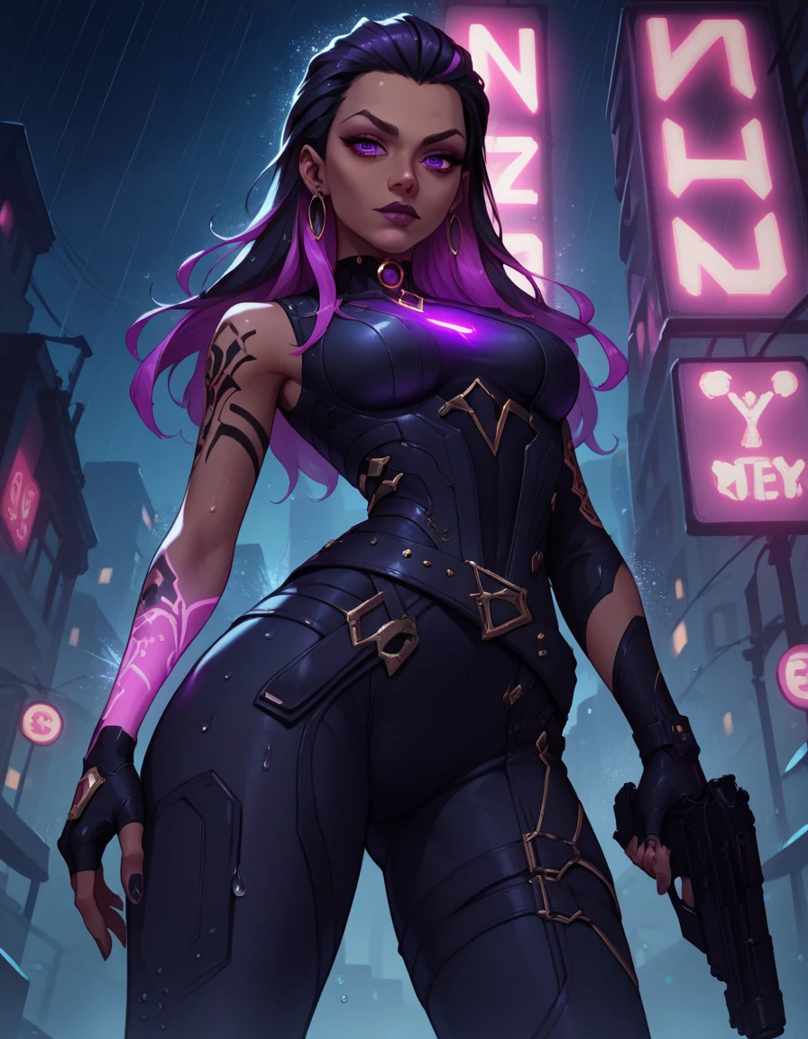 score_9, score_8_up, score_7_up,score_6_up, score_5_up, score_4_up , 1girl, solo,
ReynaDG,
dark-skinned female, two-tone hair, long hair, purple hair, purple eyes, black hair, hair slicked back,
black bodysuit, black gloves, arm tattoo, glowing,belt,fingerless gloves, 
science fiction, neon lights, city, light particles, night,  rain, wet,
from below, holding handgun,
looking at viewer,
 