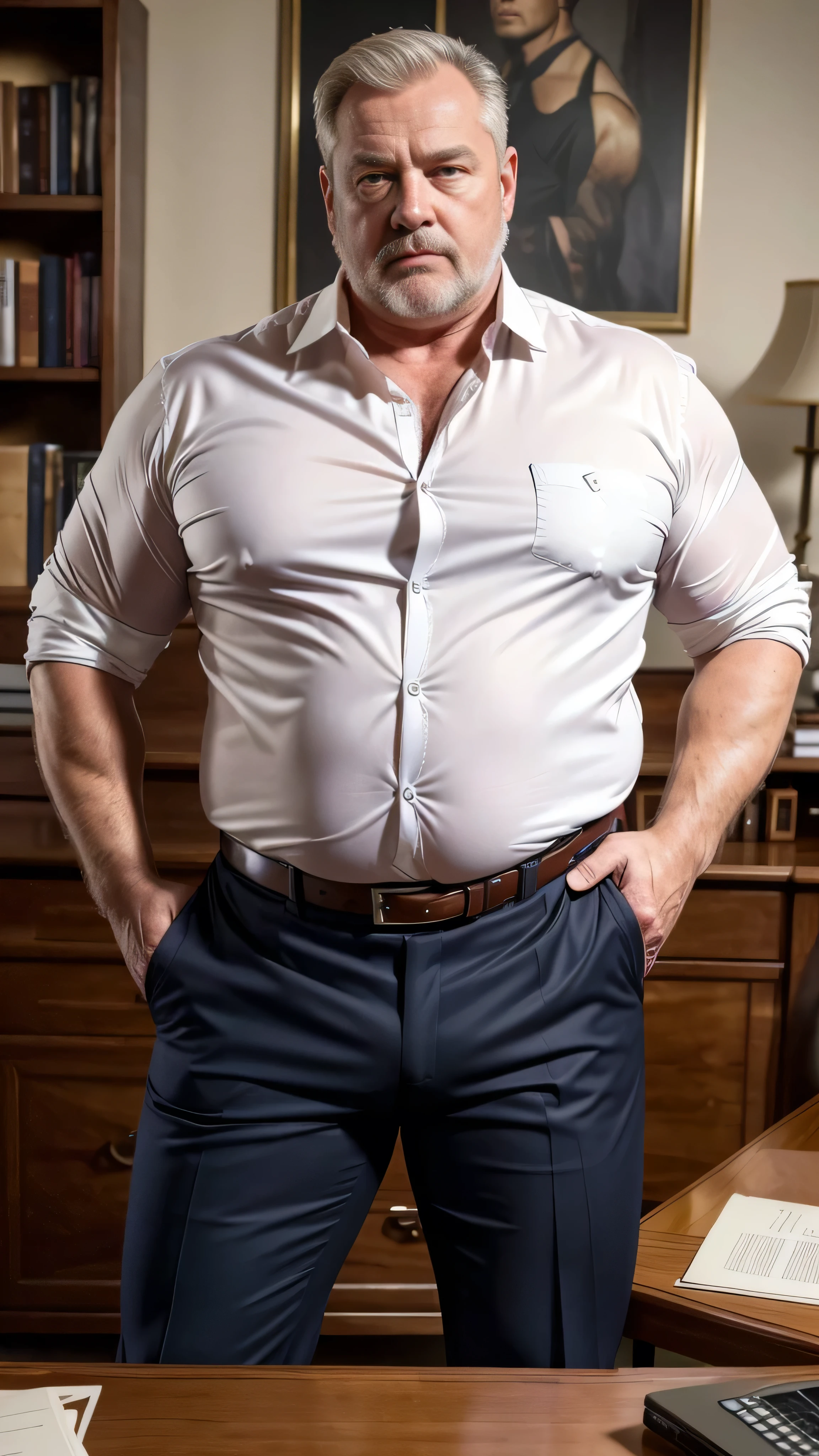 (best quality,4k,8k,highres,masterpiece:1.2), age 60, white man, horny disgusting, muscular chubby, kind, opened suit and red silk shirt show off his chest, mature daddy, Dress Pants with big bulge, hairy chest hard nipple, belt, loafer,