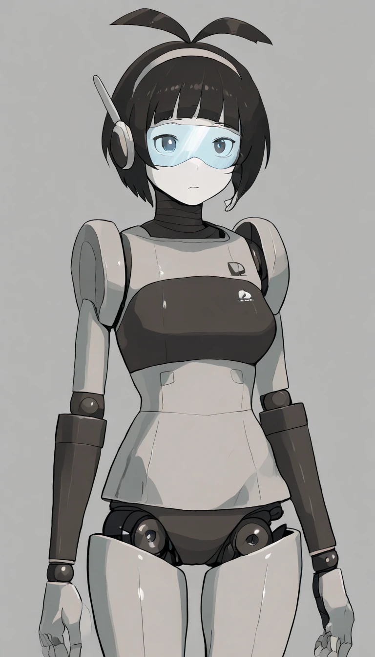 masterpiece, best quality, extremely detailed, (8K, 4K, Best Quality, hight resolution, 超A high resolution:1.1), ,8k portrait, Japaese android Girl,Plump , dark black leg cover,announcer,control panels,android,Droid,Mechanical Hand, Robot arms and legs, Black Robot Parts,Blrown twin tail,Mechanical body,Blunt bangs,perfect mechanical abdomen,black robotics parts,perfect robot woman,future laboratory,cyber pank,charging spot,laboratory,long tube,thick cable connected her neck,black ceramic body ,perfect mechanical body, black robot body,lod antenna,mechanical ear cover,android,robot humanoid,black sponge joints,The removable cover is in the groin,The connection port is in the groin,opened chest panel,access panel on the chest,opened breast panel,perfect mechanical breast,perfect black machine body,perfect black android body,She has repaired,assembly plant,no human skin,visor,mistyrobot,robot joint,doll joint,robotization,mecha musme,robot transformation,dress,android