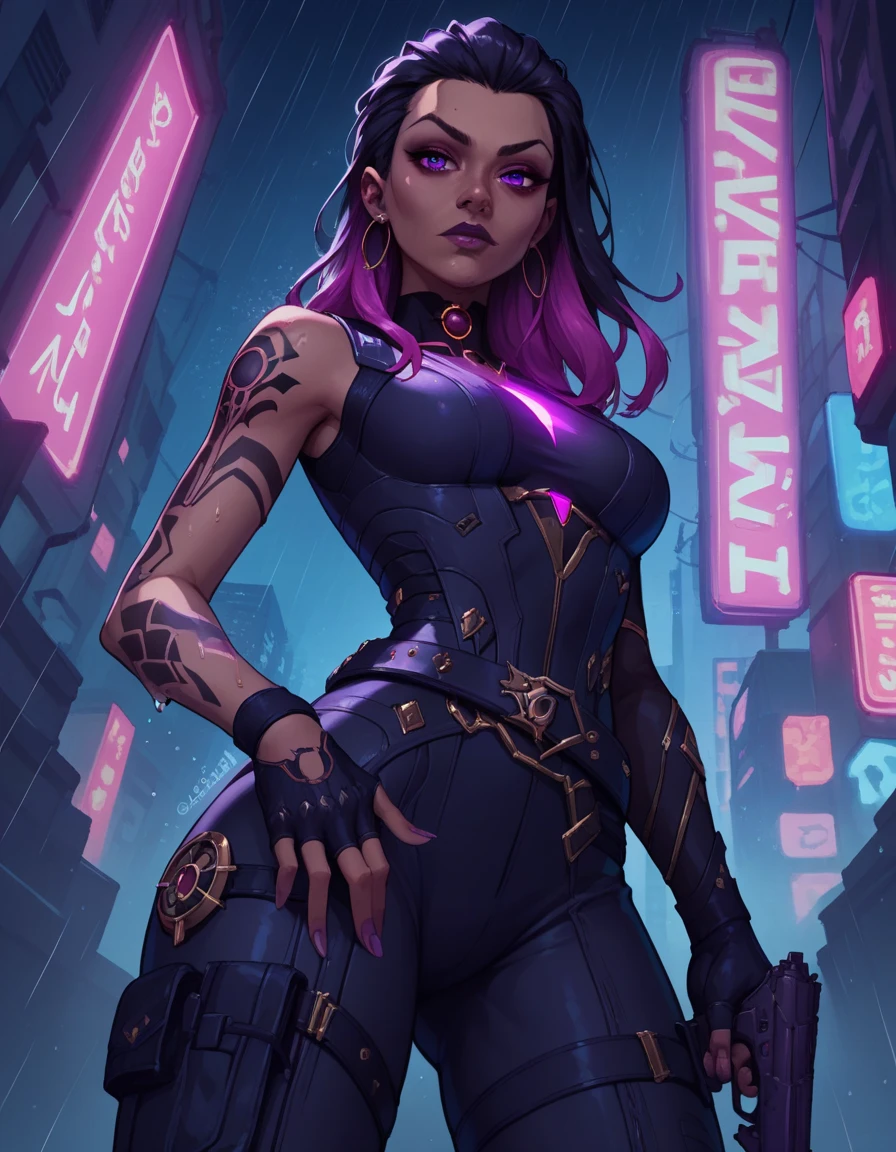 score_9, score_8_up, score_7_up,score_6_up, score_5_up, score_4_up , 1girl, solo,
ReynaDG,
dark-skinned female, two-tone hair, long hair, purple hair, purple eyes, black hair, hair slicked back,
black bodysuit, black gloves, arm tattoo, glowing,belt,fingerless gloves, 
science fiction, neon lights, city, light particles, night,  rain, wet,
from below, holding handgun,
looking at viewer,
 