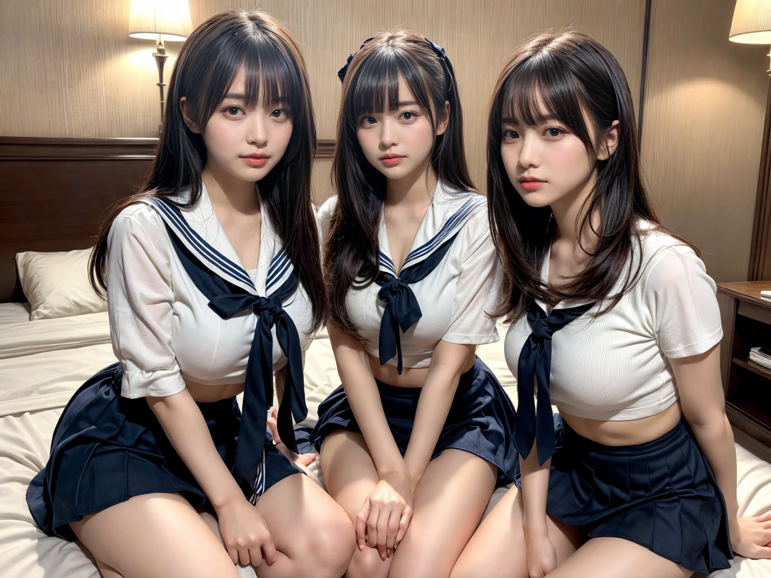 Three very young girls in bed,Mr..々sailor suit,18-year-old,bangs,a little smile,thighs,knees,each with a different hairstyle,from below,front light、spread your legs、Nipples are fully visible、erotic smile、Soaking wet whole body、water droplets、have sex、live action、photograph、Mr..々Counterpoint、Black pubic hair is visible from under the white sailor leotard、Nasty uniform、Licking the middle girl with your tongue、The two on either side lick the middle cheek