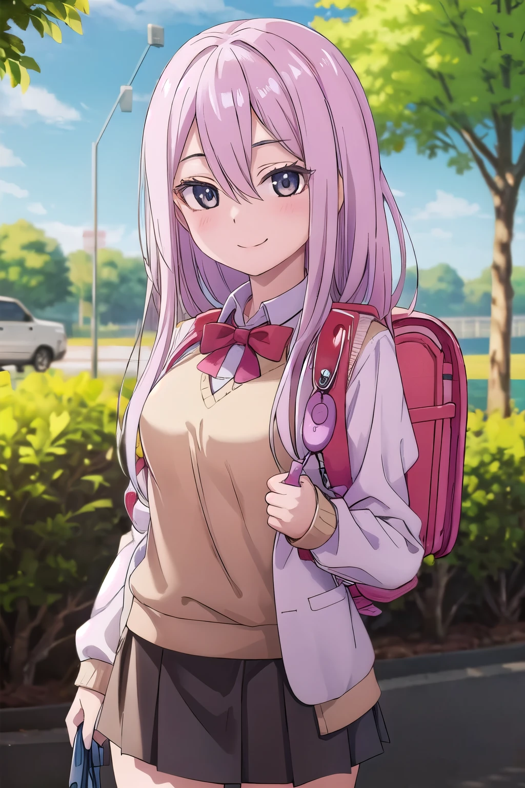 (masterpiece, best quality:1.0), highly detailed, detail, 1girl , high, long hair, brown hair, UNiform, red bowtie, collared shirt, sweater vest, blazer, black blazer, opened jacket, long sleeves, plaid skirt, brown skirt, outdoor, smile, standing, cowboy shot, wearing randoseru backpack, (randoseru backpack:1.1), crime prevention buzzer