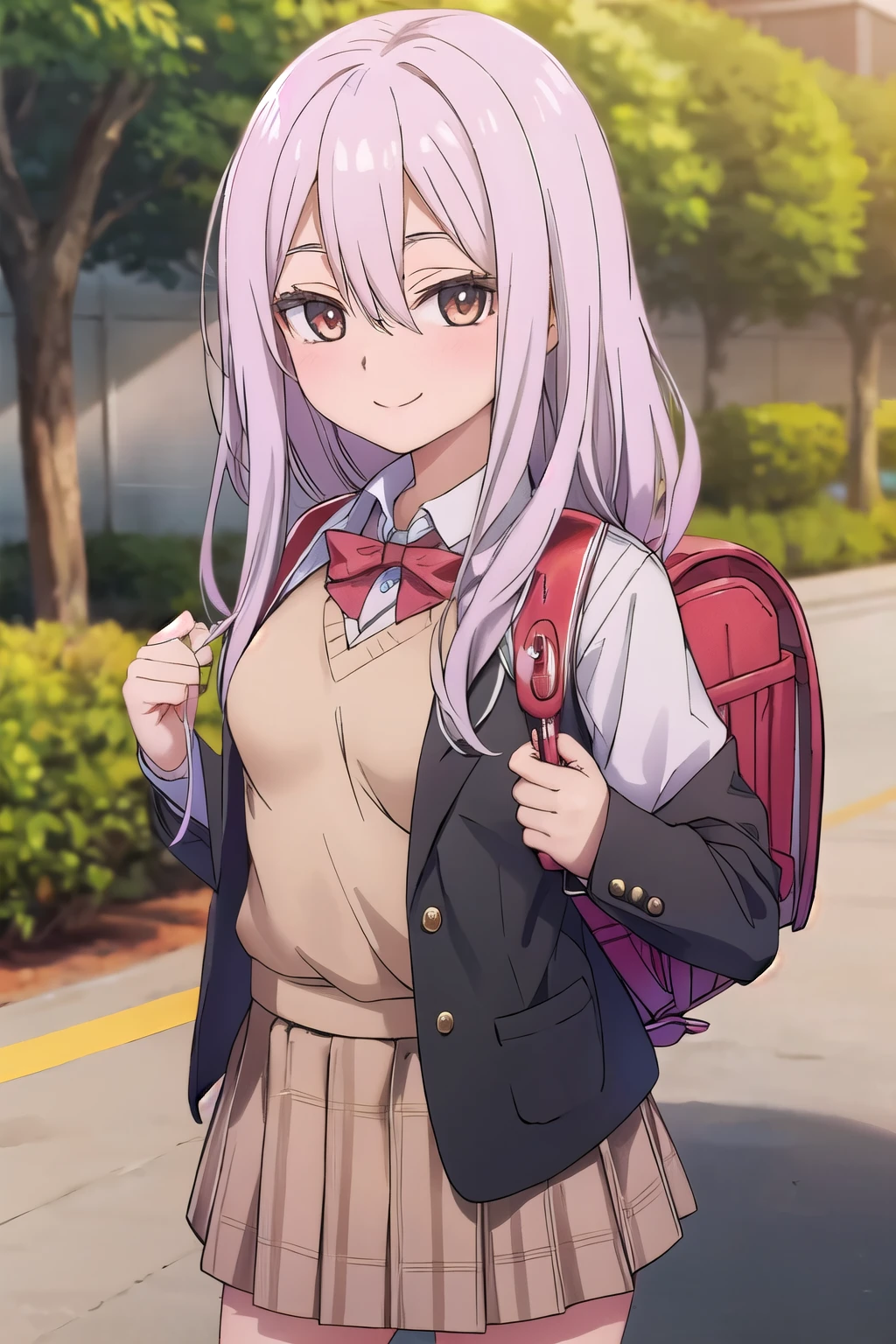 (masterpiece, best quality:1.0), highly detailed, detail, 1girl , highschool student, long hair, brown hair, UNiform, red bowtie, collared shirt, sweater vest, blazer, black blazer, opened jacket, long sleeves, plaid skirt, brown skirt, outdoor, smile, standing, cowboy shot, wearing randoseru backpack, (randoseru backpack:1.1), crime prevention buzzer