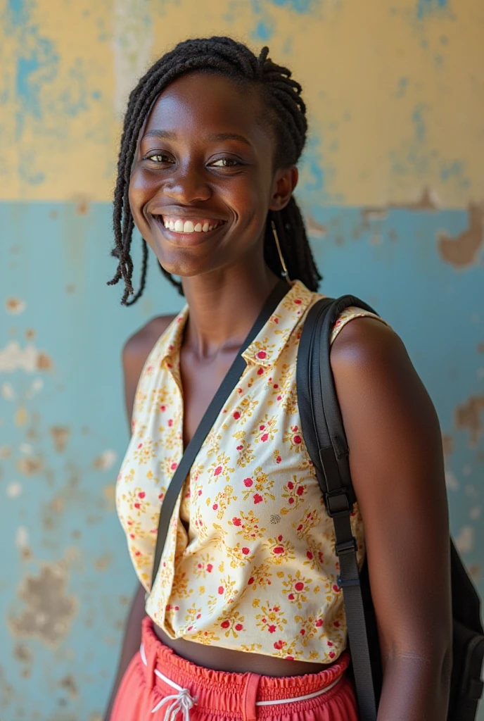 A Black woman with a warm and genuine smile, despite her surrounding conditions of poverty. She is wearing simple and somewhat worn clothes, but her smile reflects inner joy and resilience. The background shows a modest environment, perhaps a simple house or a street in a disadvantaged community, with details reflecting economic hardship, but the main focus is her positive and vibrant expression.
